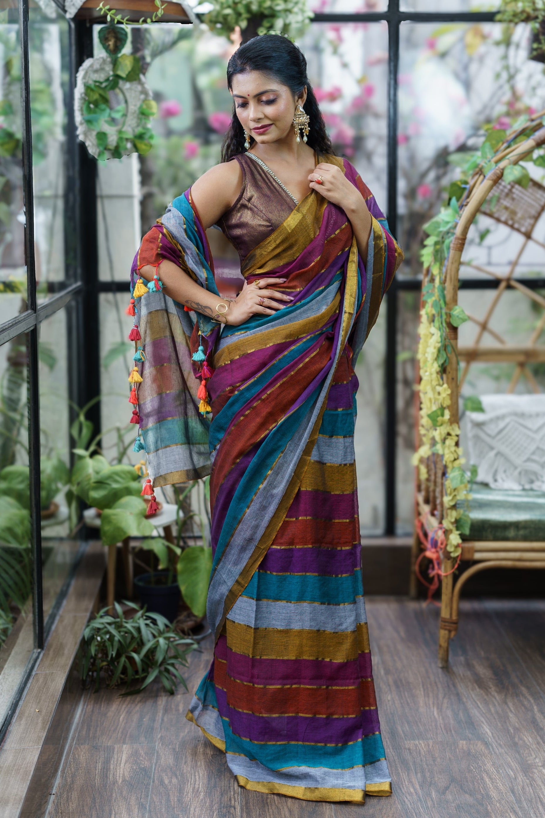 Multicolour Rainbow Mul Mul Cotton Saree with  Blouse pieces