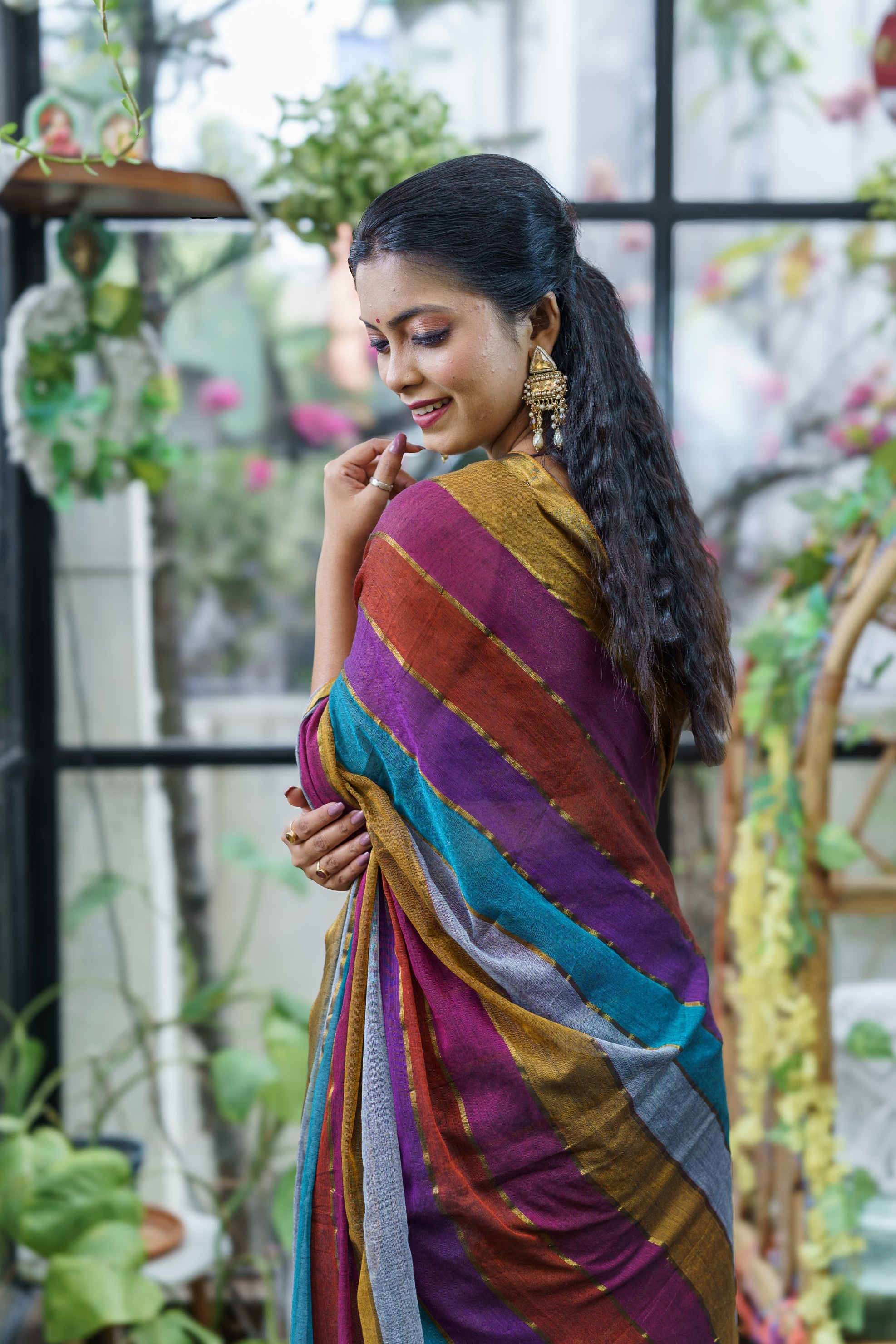 Multicolour Rainbow Mul Mul Cotton Saree with Blouse