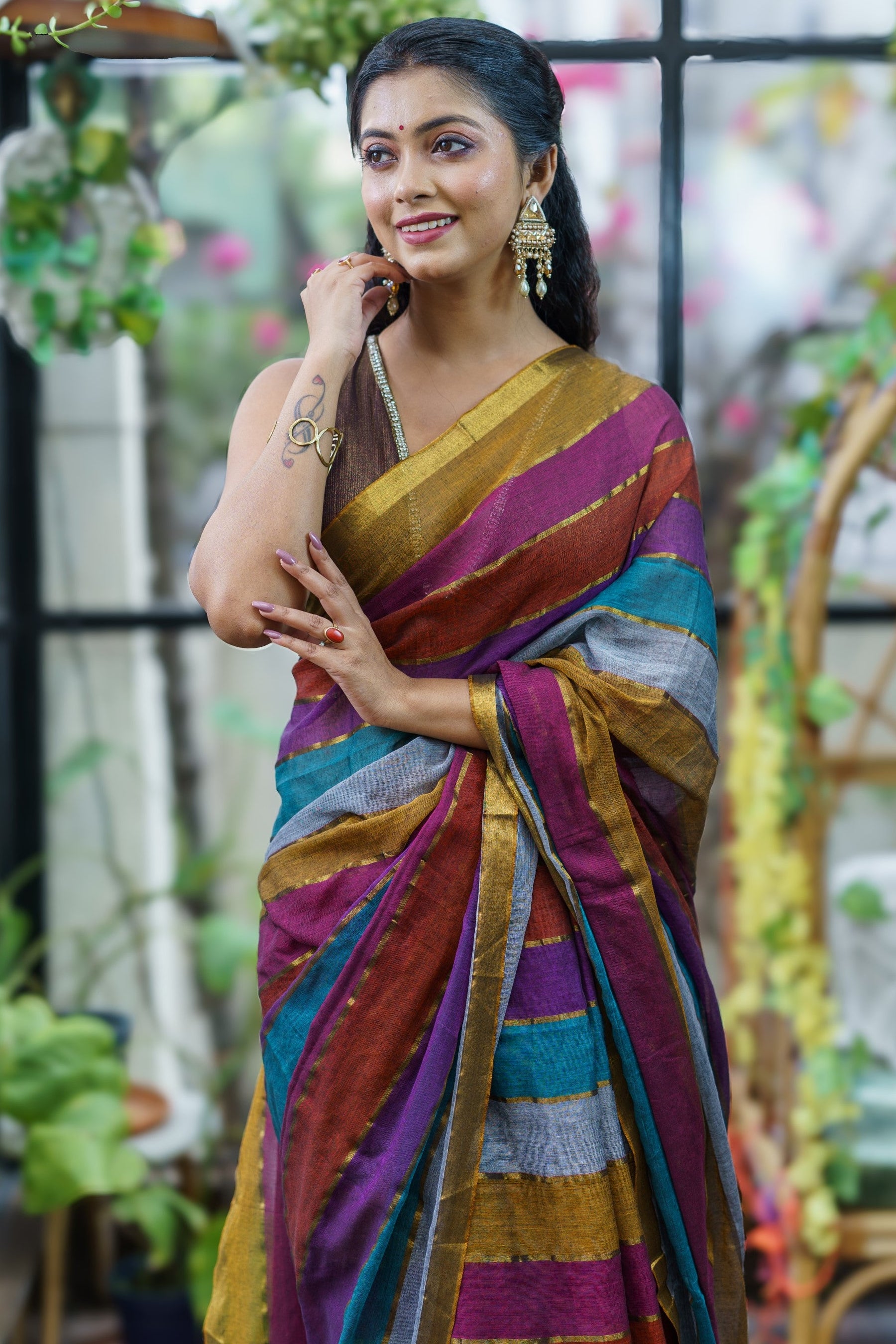 Multicolour Rainbow Mul Mul Cotton Saree with  Blouse pieces
