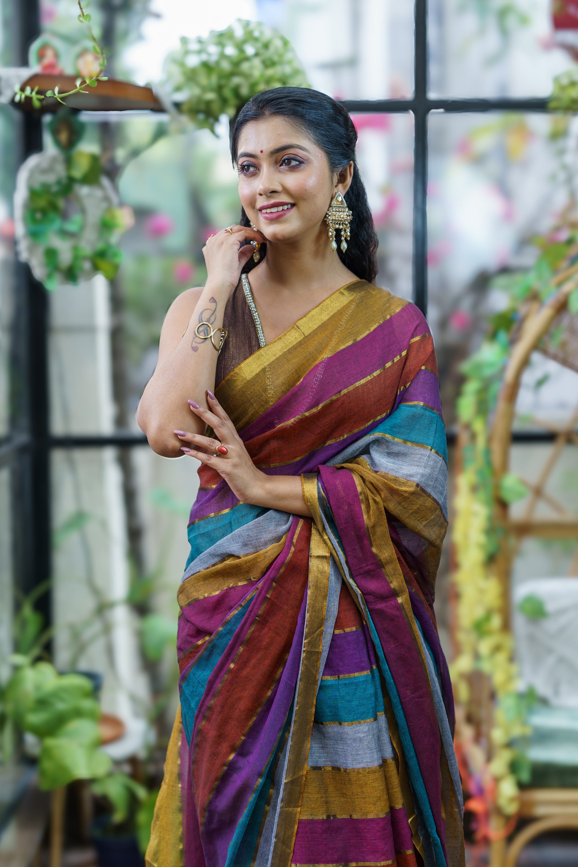 Multicolour Rainbow Mul Mul Cotton Saree with Blouse