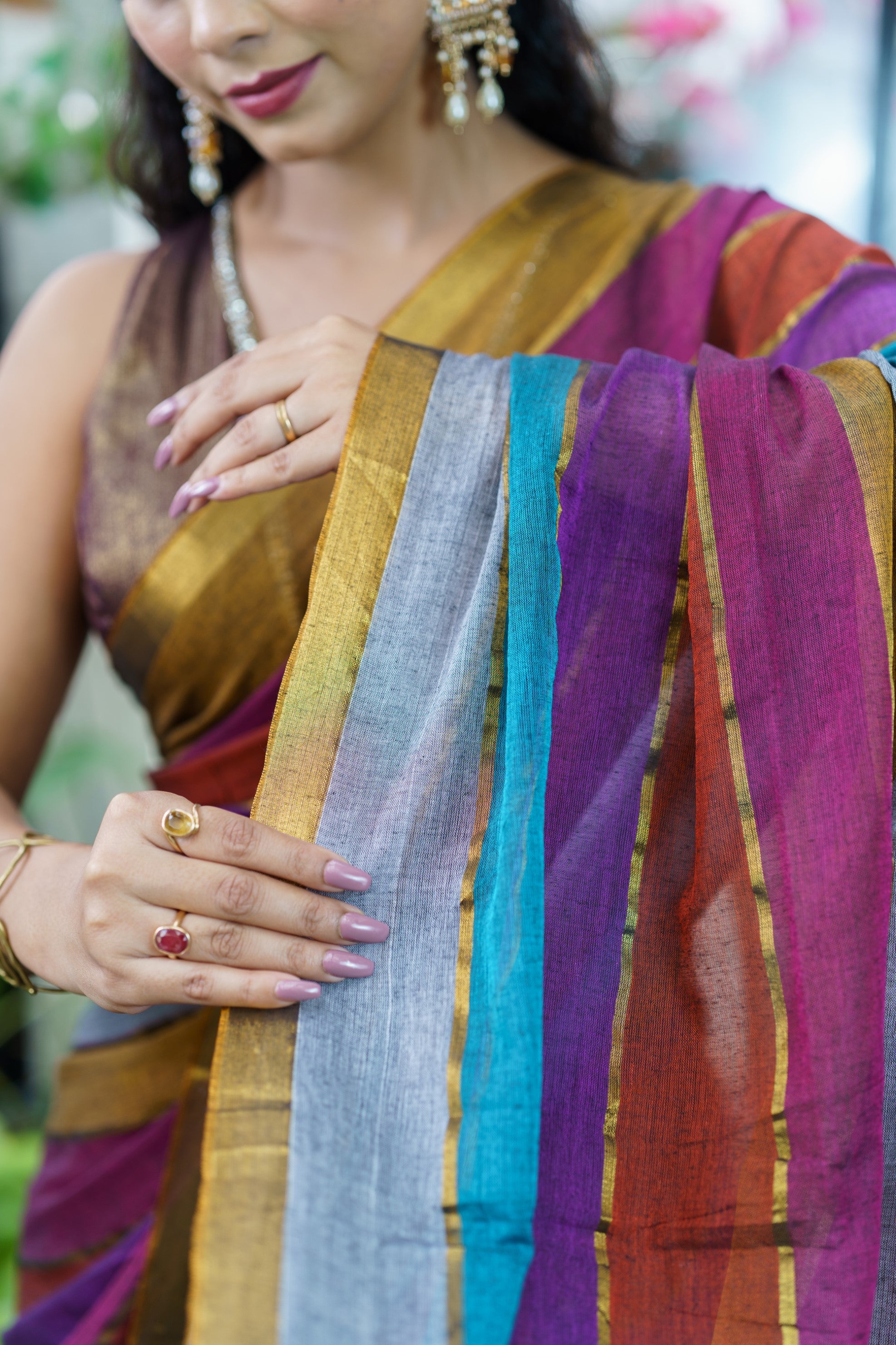 Multicolour Rainbow Mul Mul Cotton Saree with Blouse