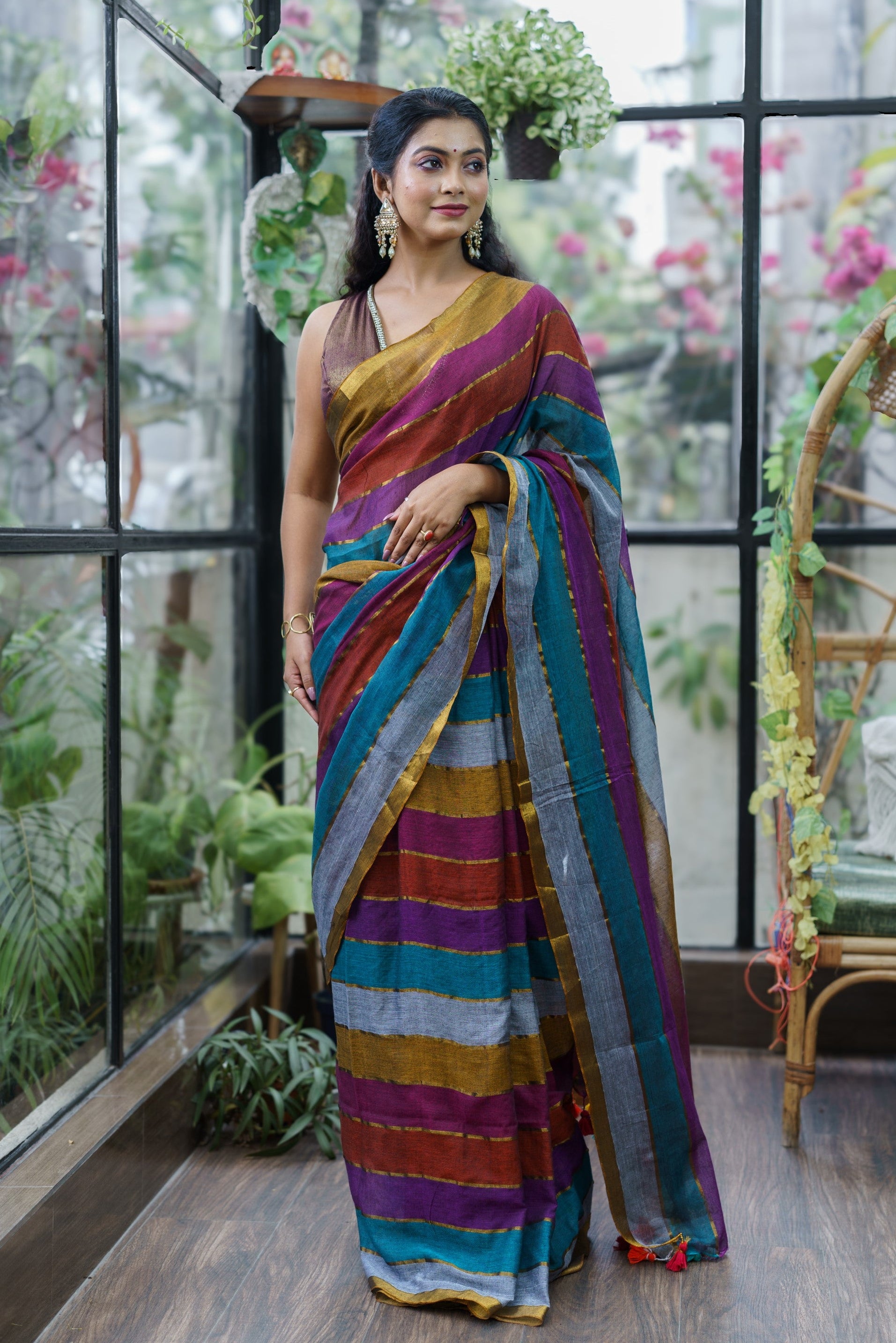 Multicolour Rainbow Mul Mul Cotton Saree with  Blouse pieces