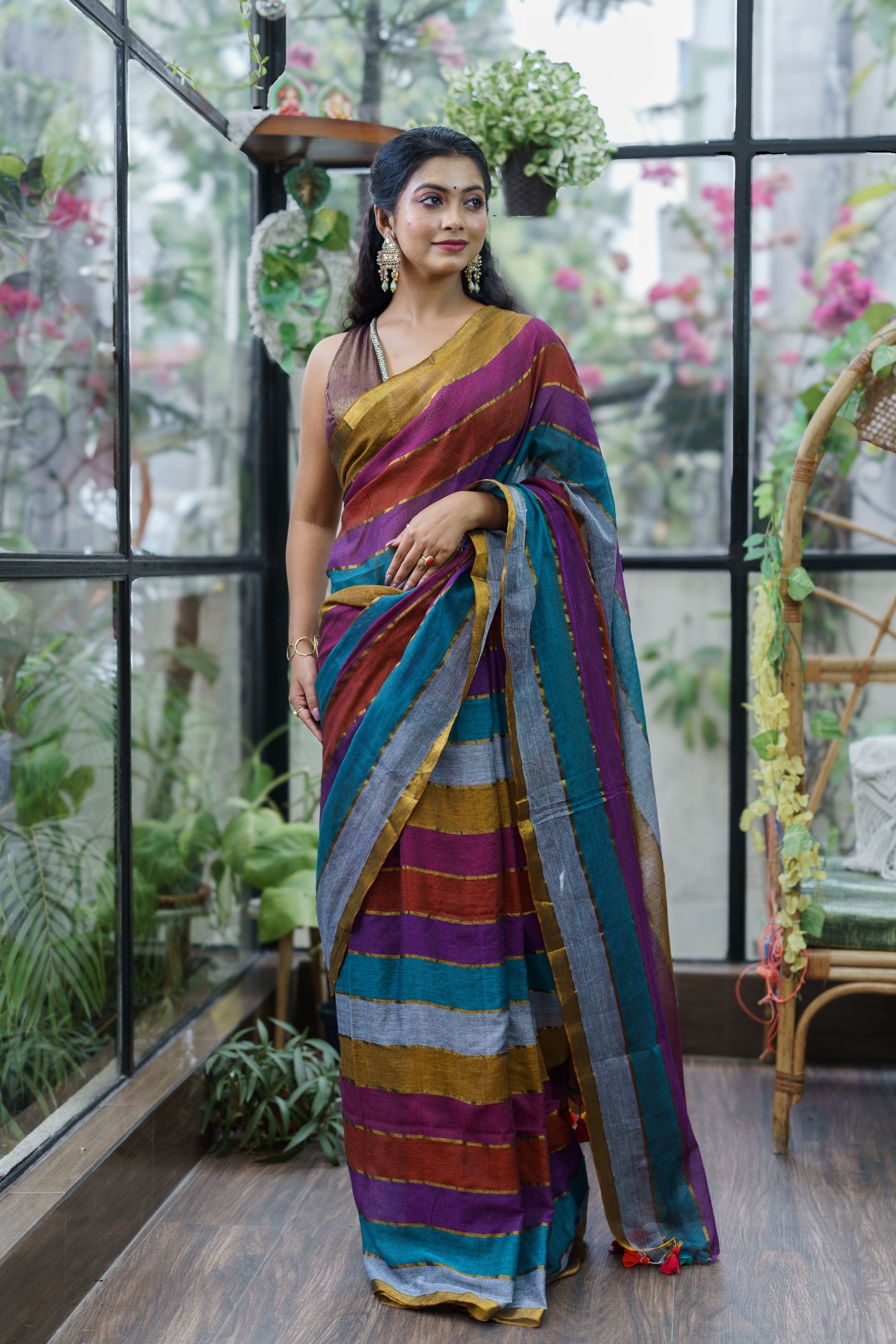 Multicolour Rainbow Mul Mul Cotton Saree with Blouse