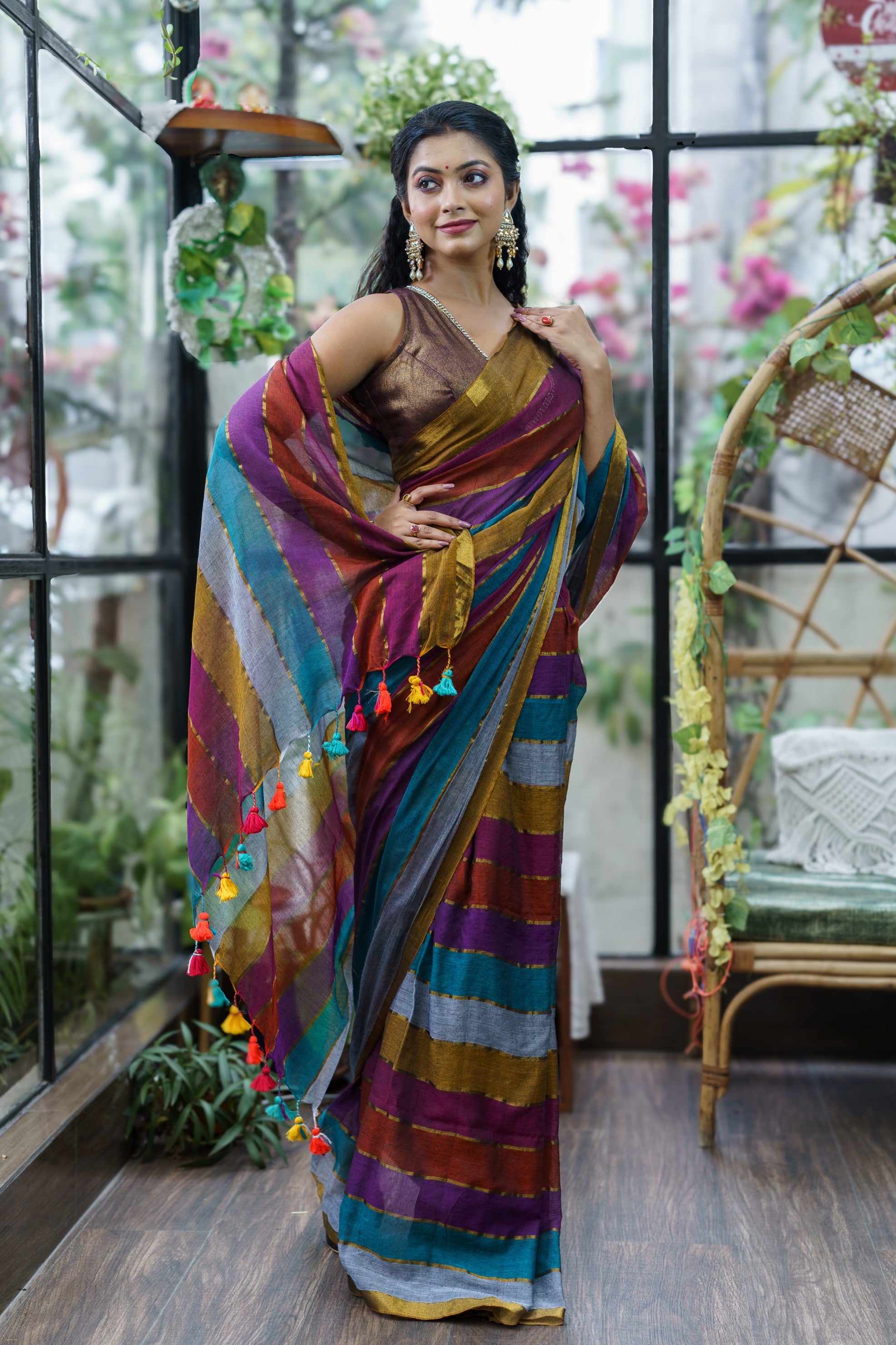 Multicolour Rainbow Mul Mul Cotton Saree with Blouse