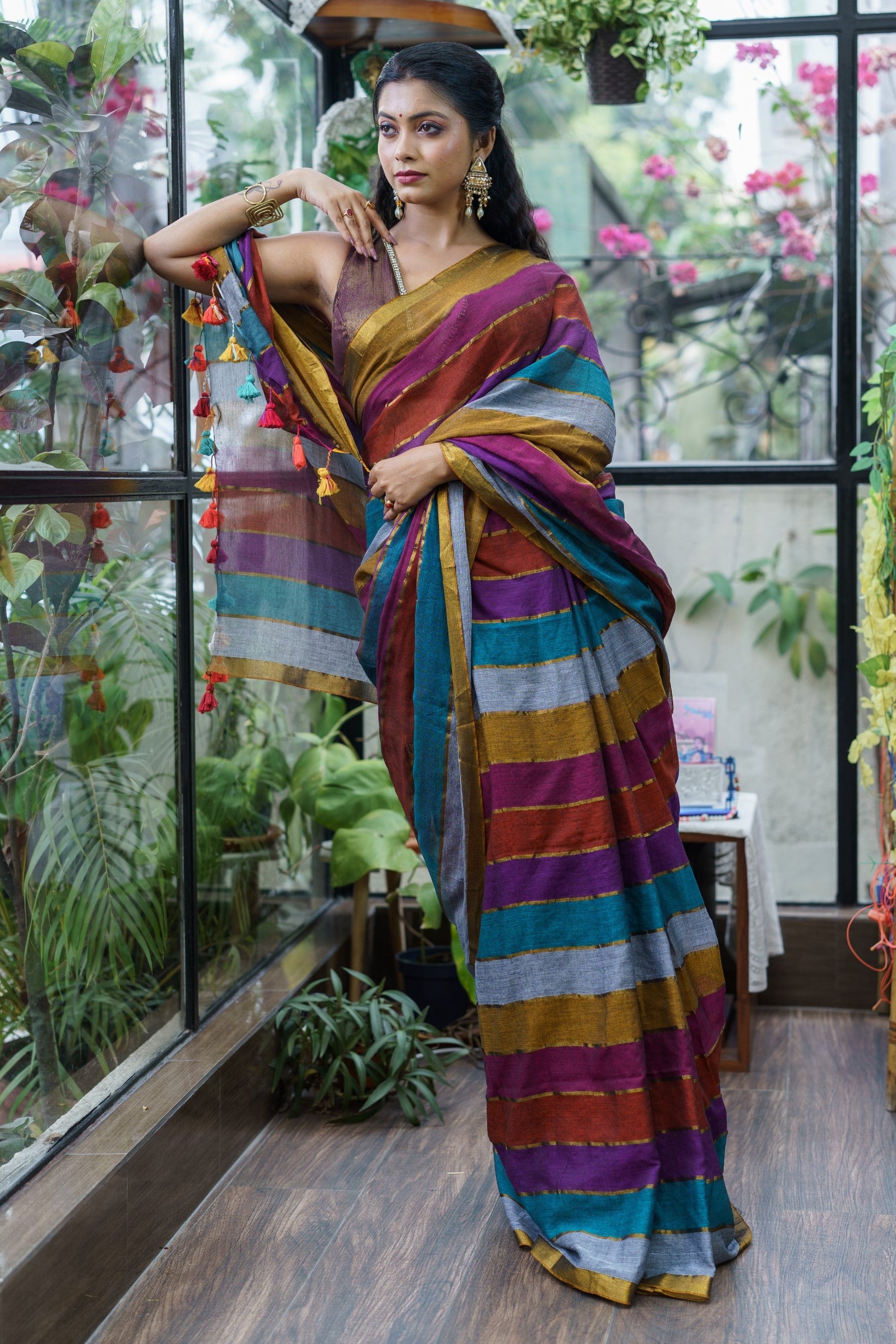 Multicolour Rainbow Mul Mul Cotton Saree with  Blouse pieces
