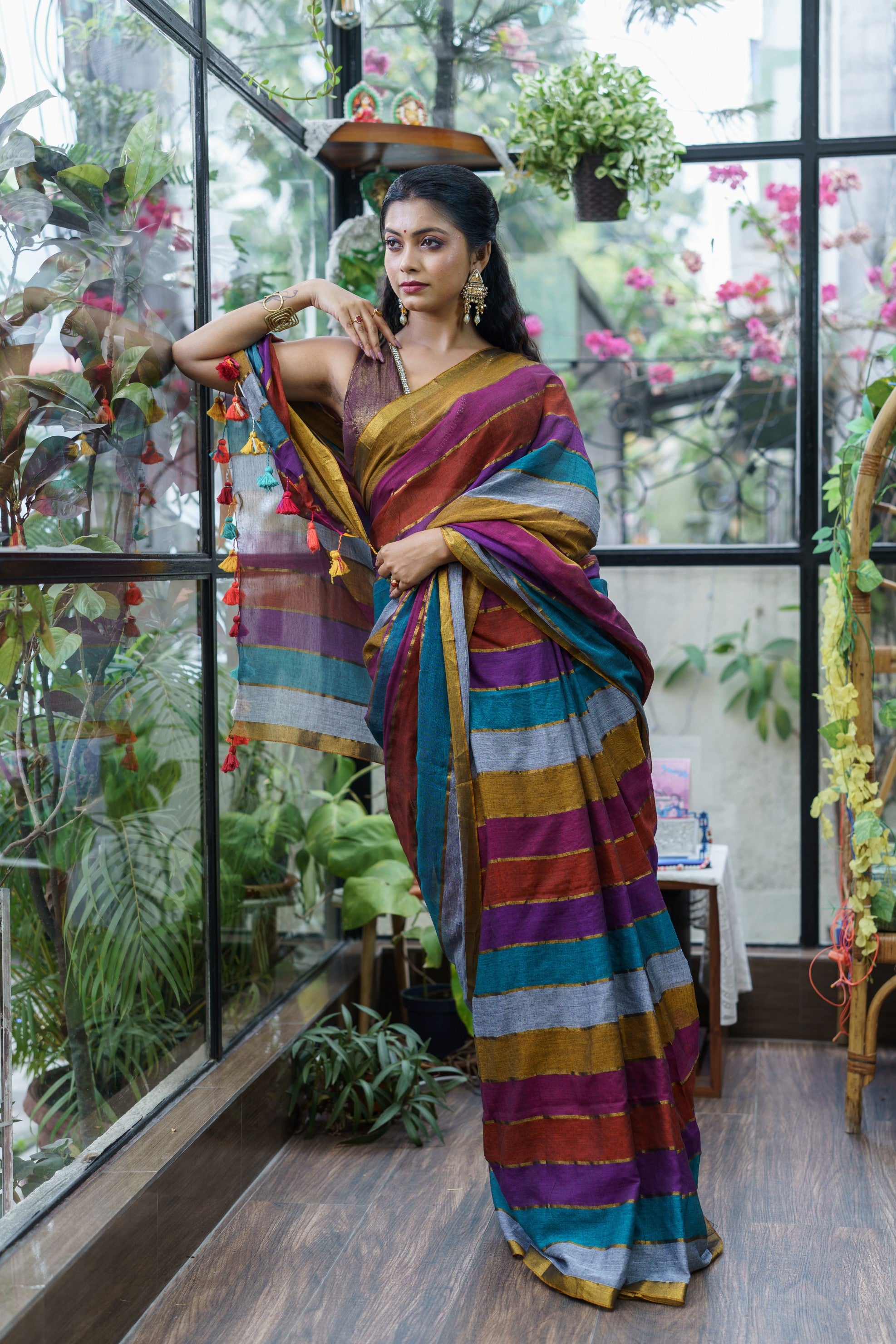 Multicolour Rainbow Mul Mul Cotton Saree with Blouse