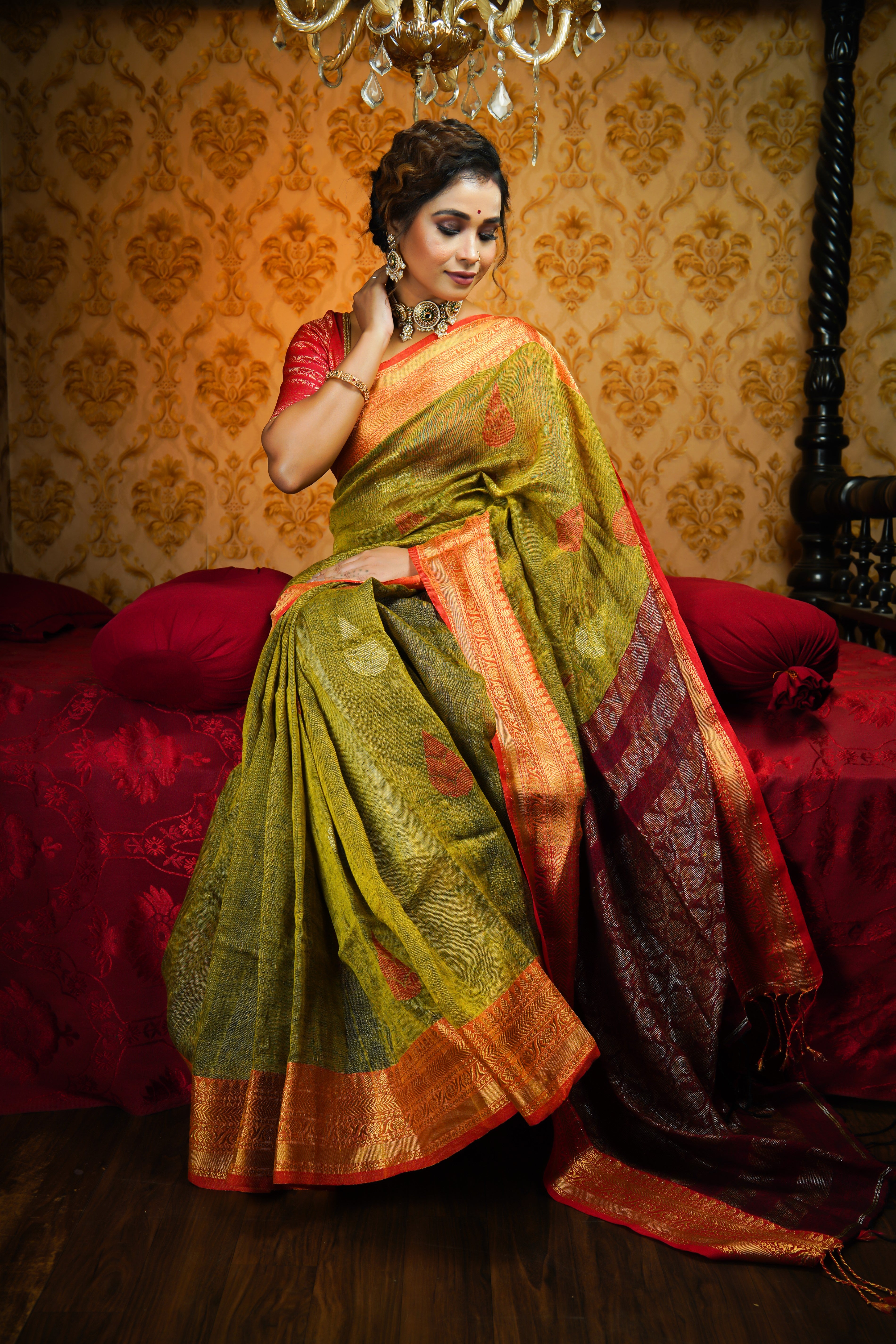 Olive Green & Rani Handwoven Linen Jamdani Saree
