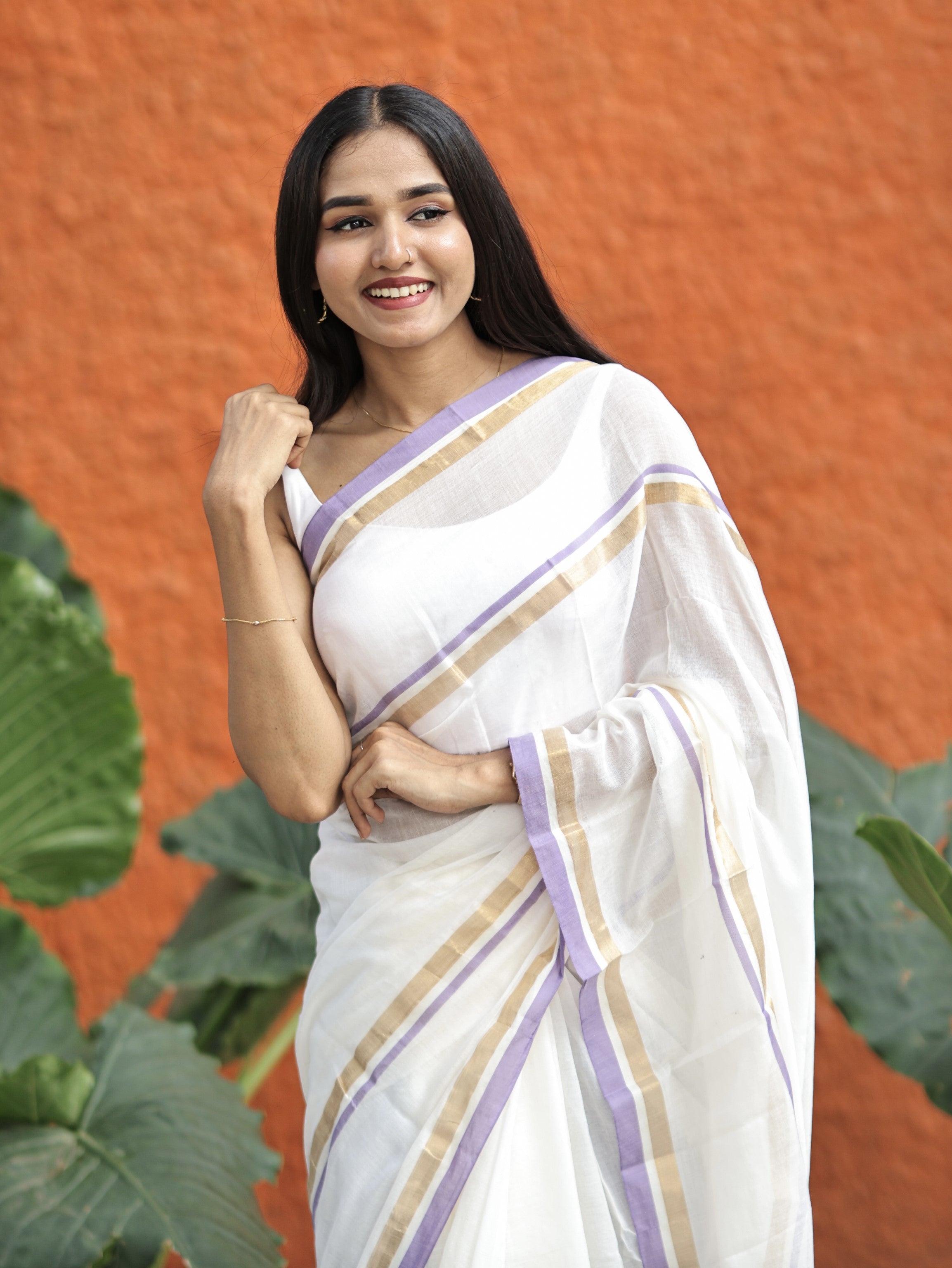 Off White Mul Mul Cotton Saree With purple & golden Border