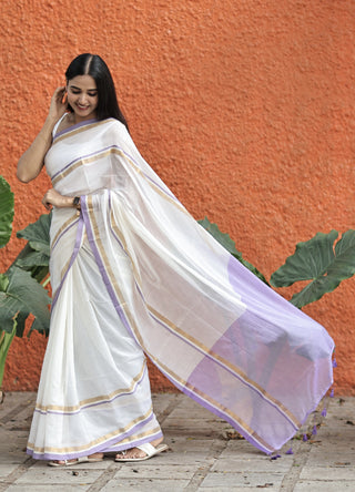 Off White Mul Mul Cotton Saree With purple & golden Border