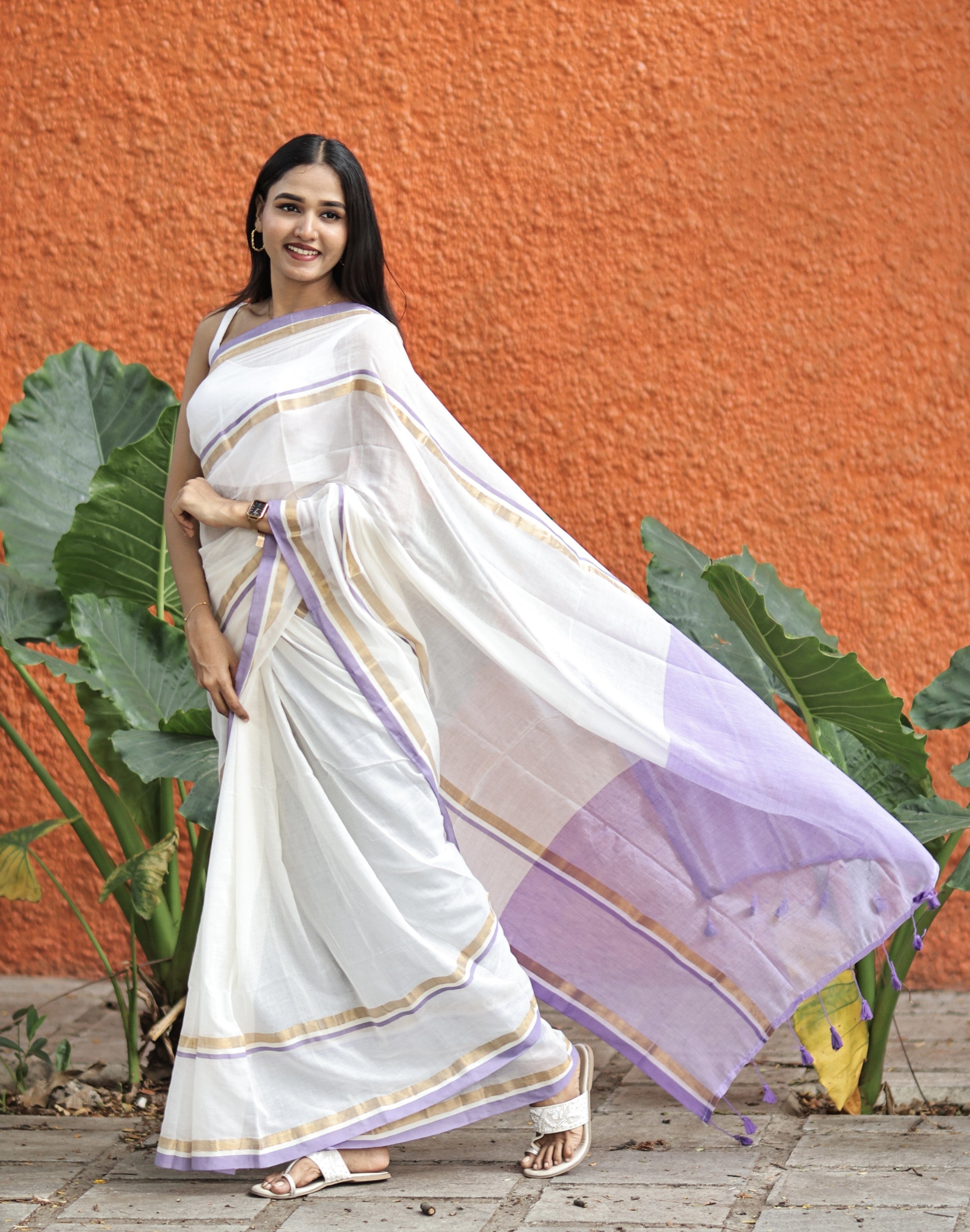 Off White Mul Mul Cotton Saree With purple & golden Border