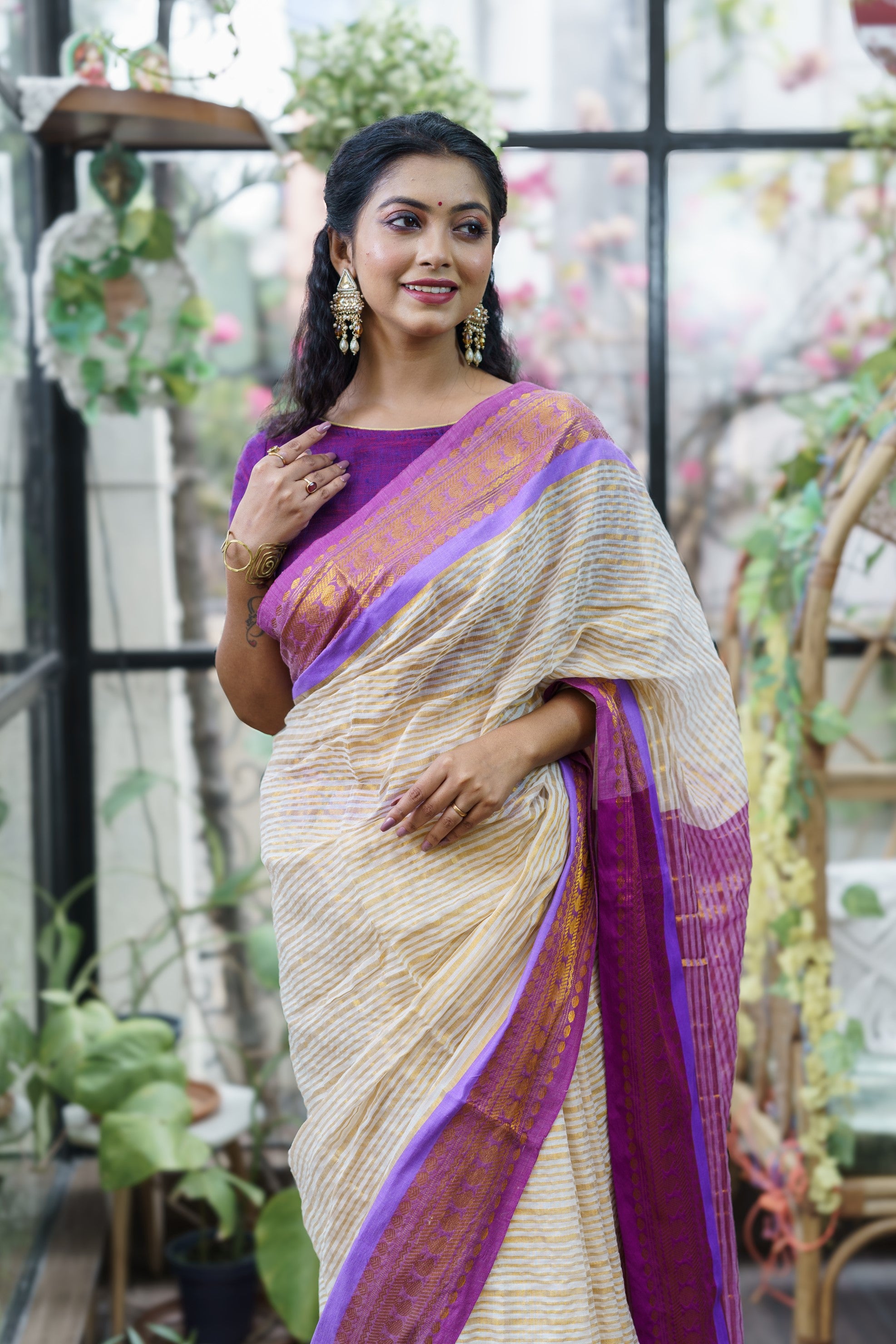 Off White Mulmul Cotton Saree with Golden Zari Stripes With Blouse Piece
