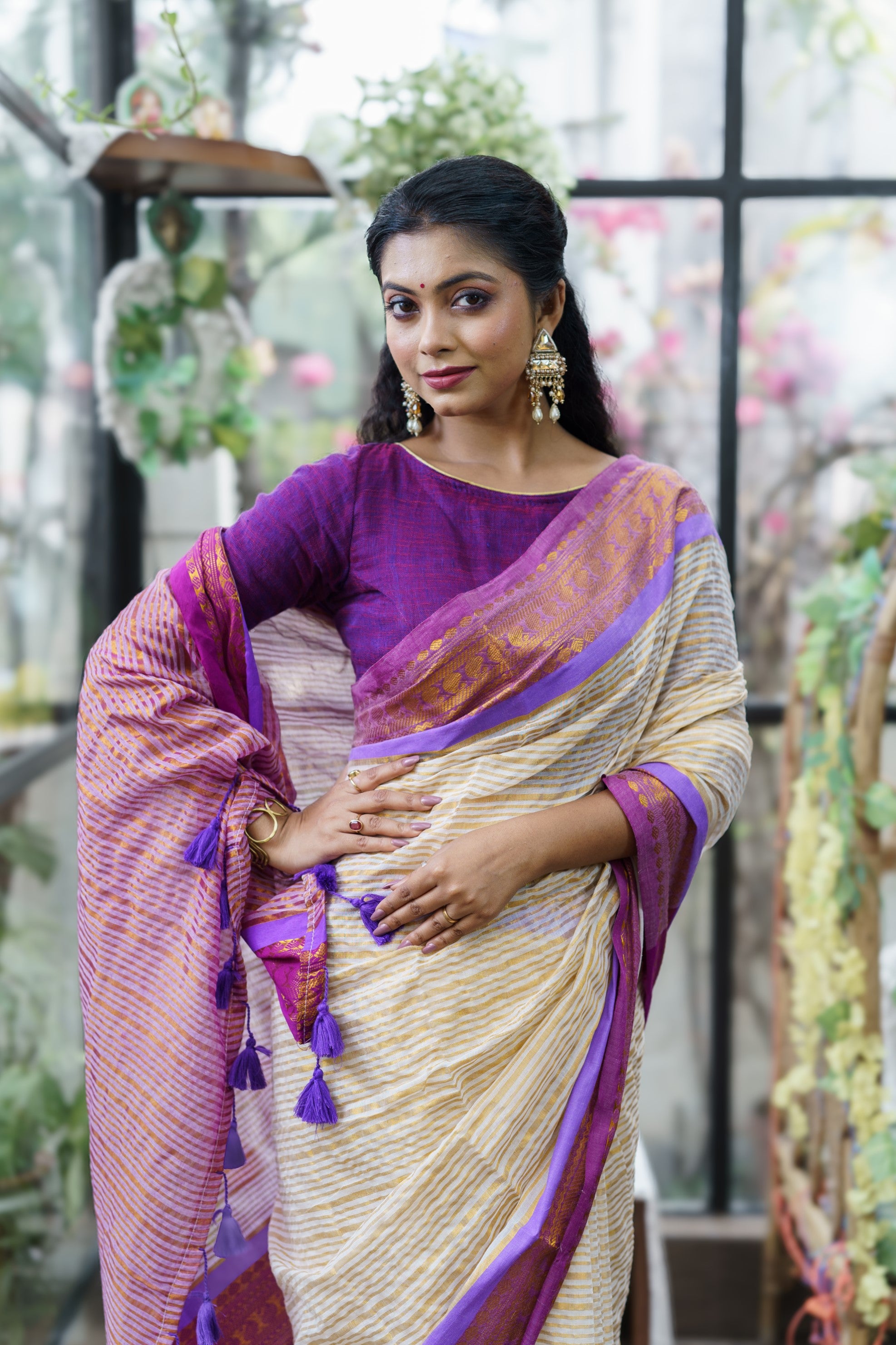 Off White Mulmul Cotton Saree with Golden Zari Stripes With Blouse Piece