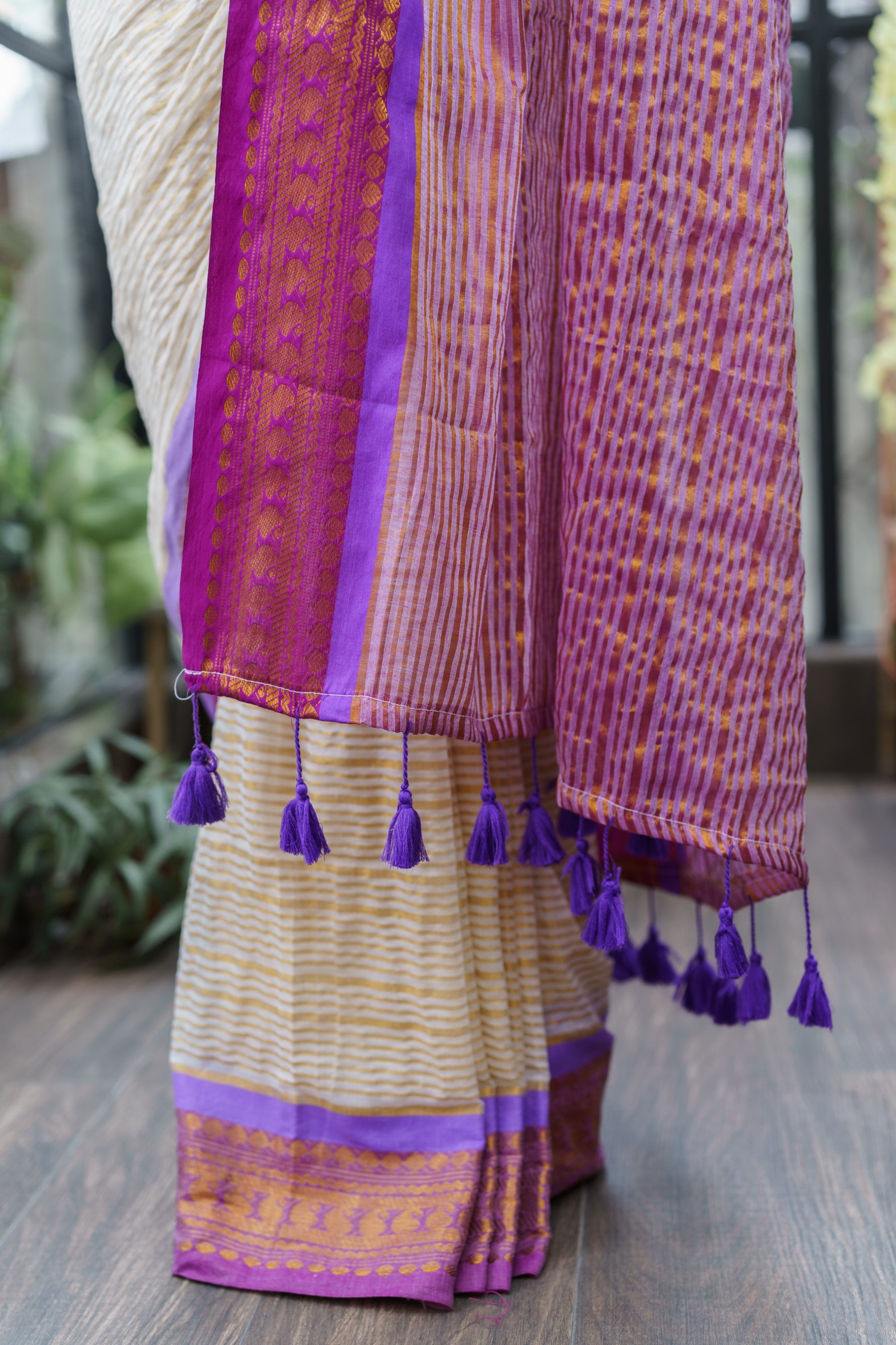 Off White Mulmul Cotton Saree with Golden Zari Stripes With Blouse Piece
