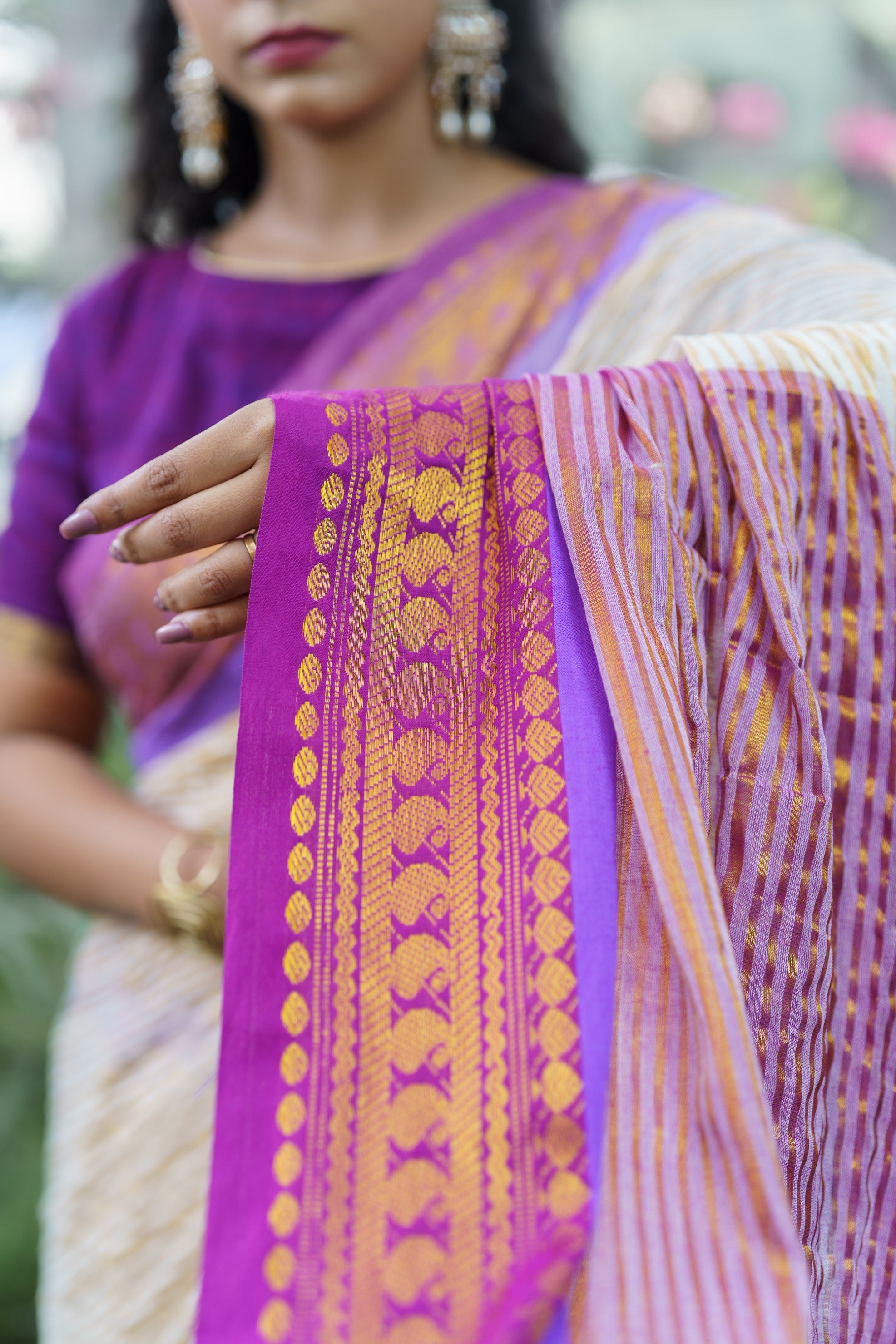 Off White Mulmul Cotton Saree with Golden Zari Stripes With Blouse Piece