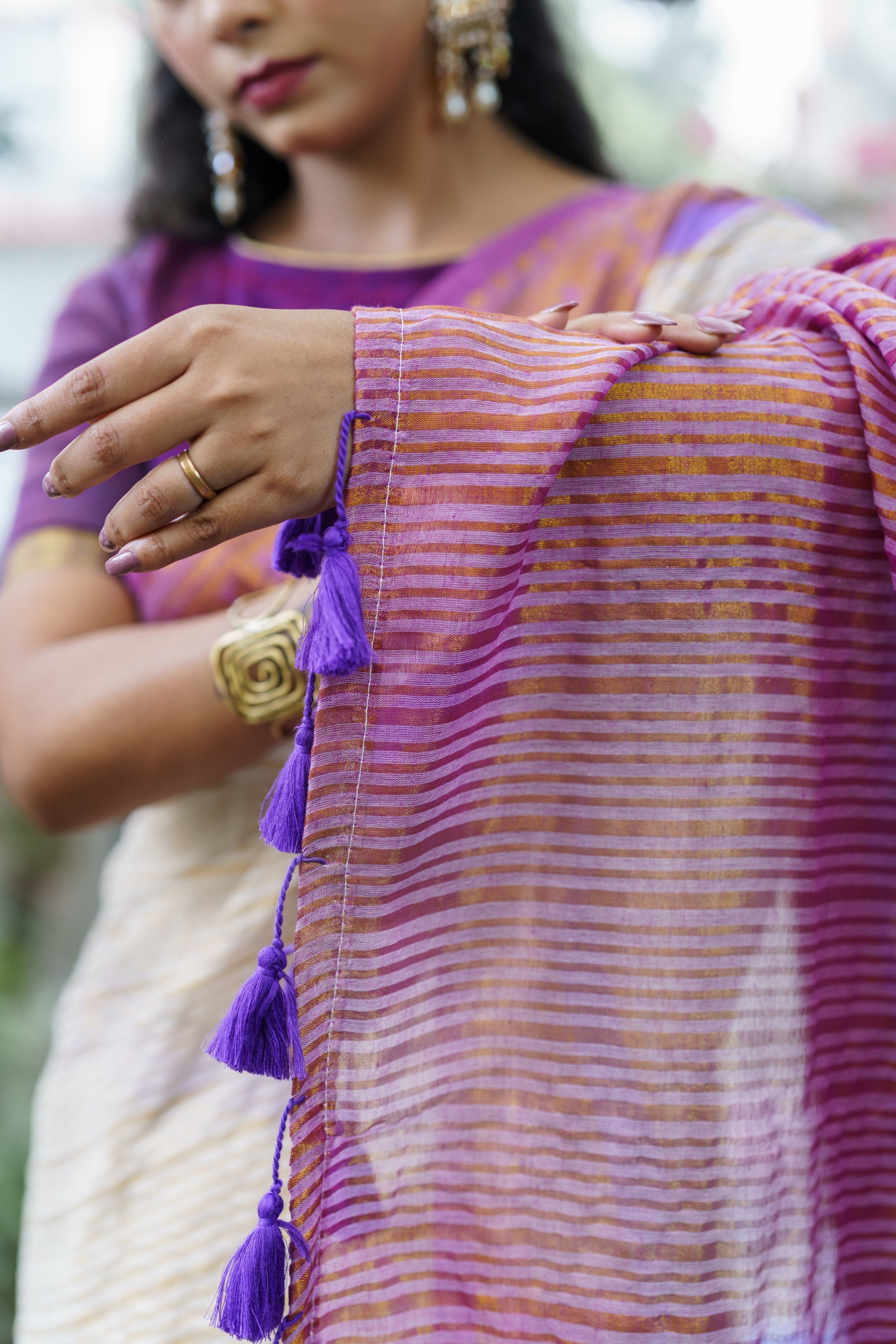Off White Mulmul Cotton Saree with Golden Zari Stripes With Blouse Piece