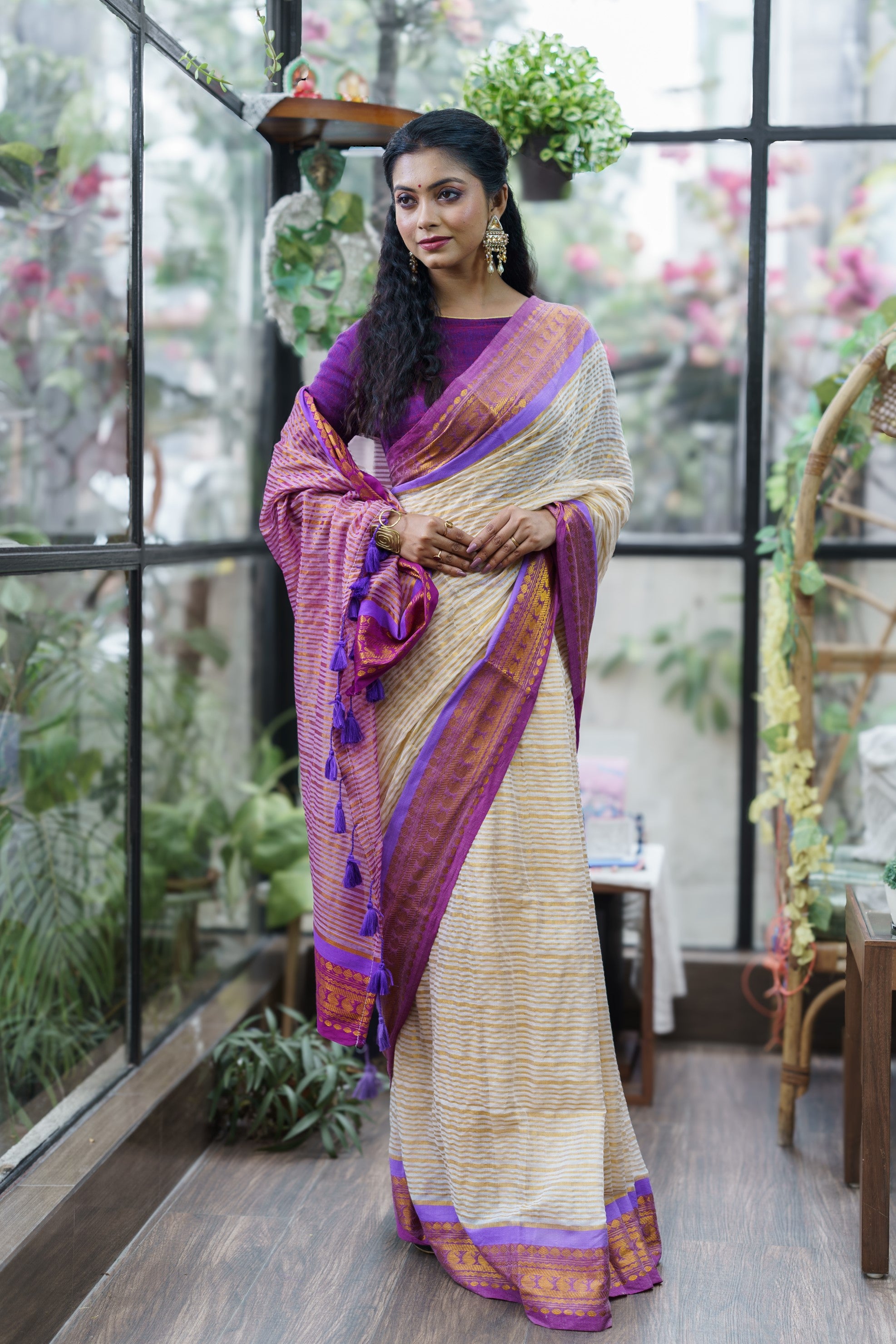 Off White Mulmul Cotton Saree with Golden Zari Stripes With Blouse Piece