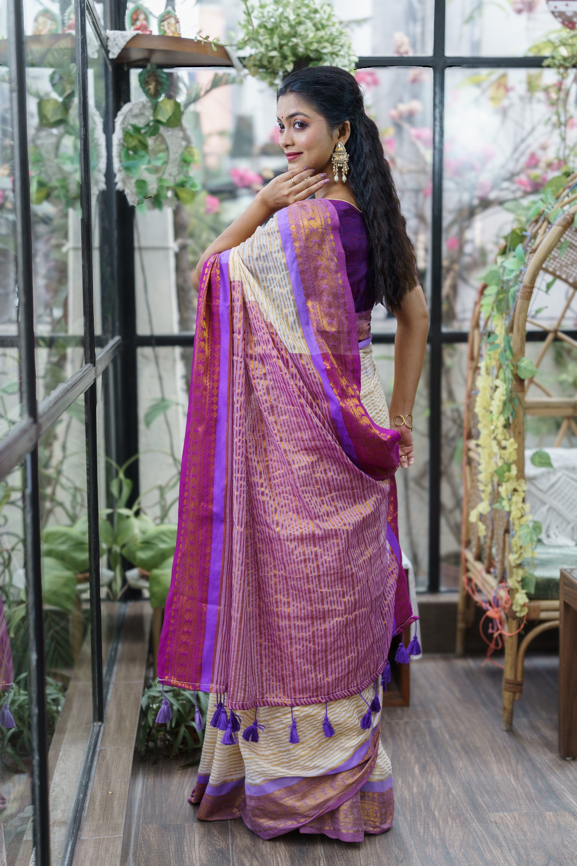 Off White Mulmul Cotton Saree with Golden Zari Stripes With Blouse Piece