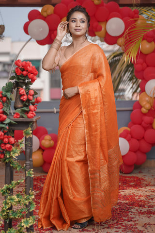 Orange Dual Tone Pure Tissue Linen Saree with blouse piece