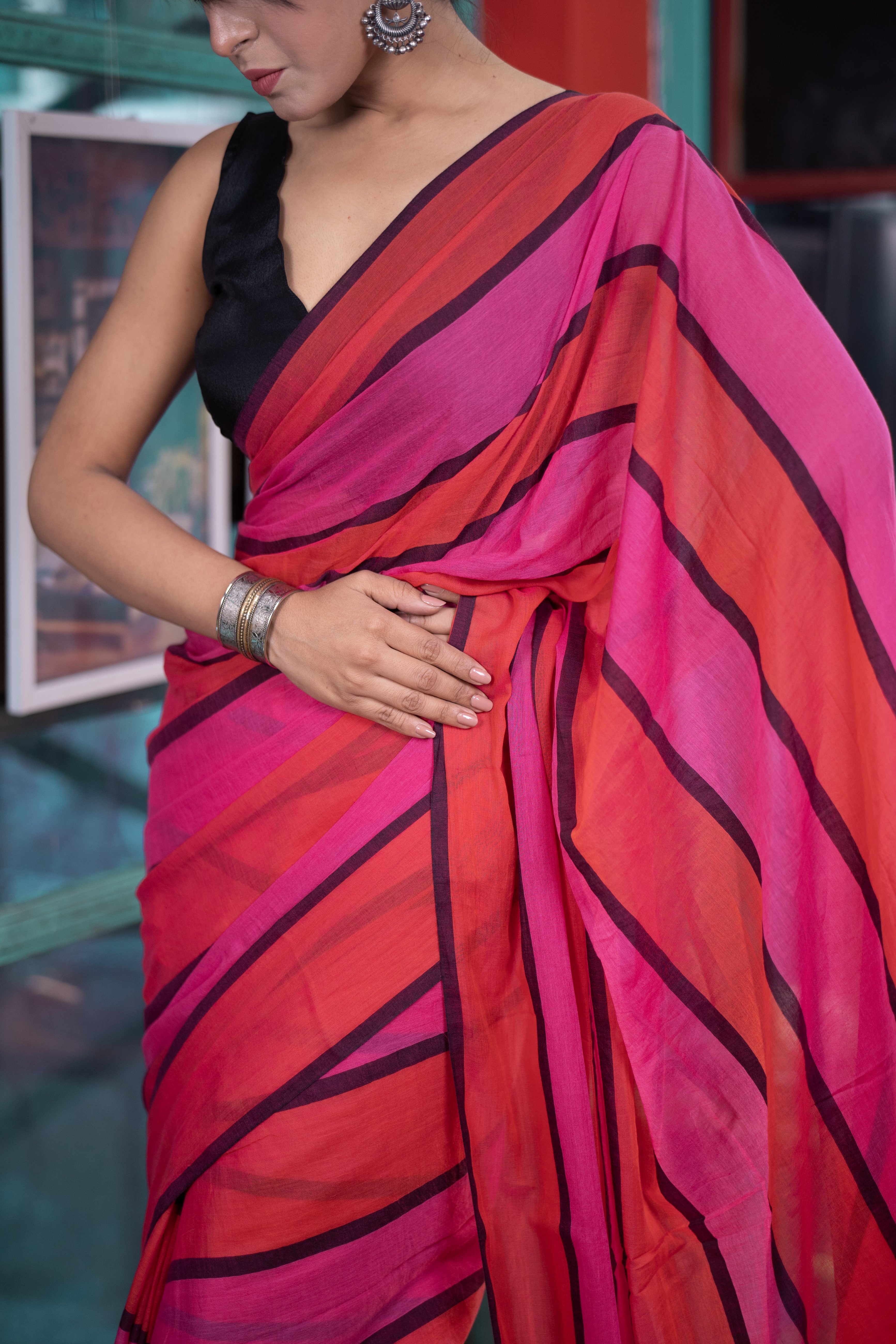 Check Mul Mul Cotton Saree - Orange and Rani