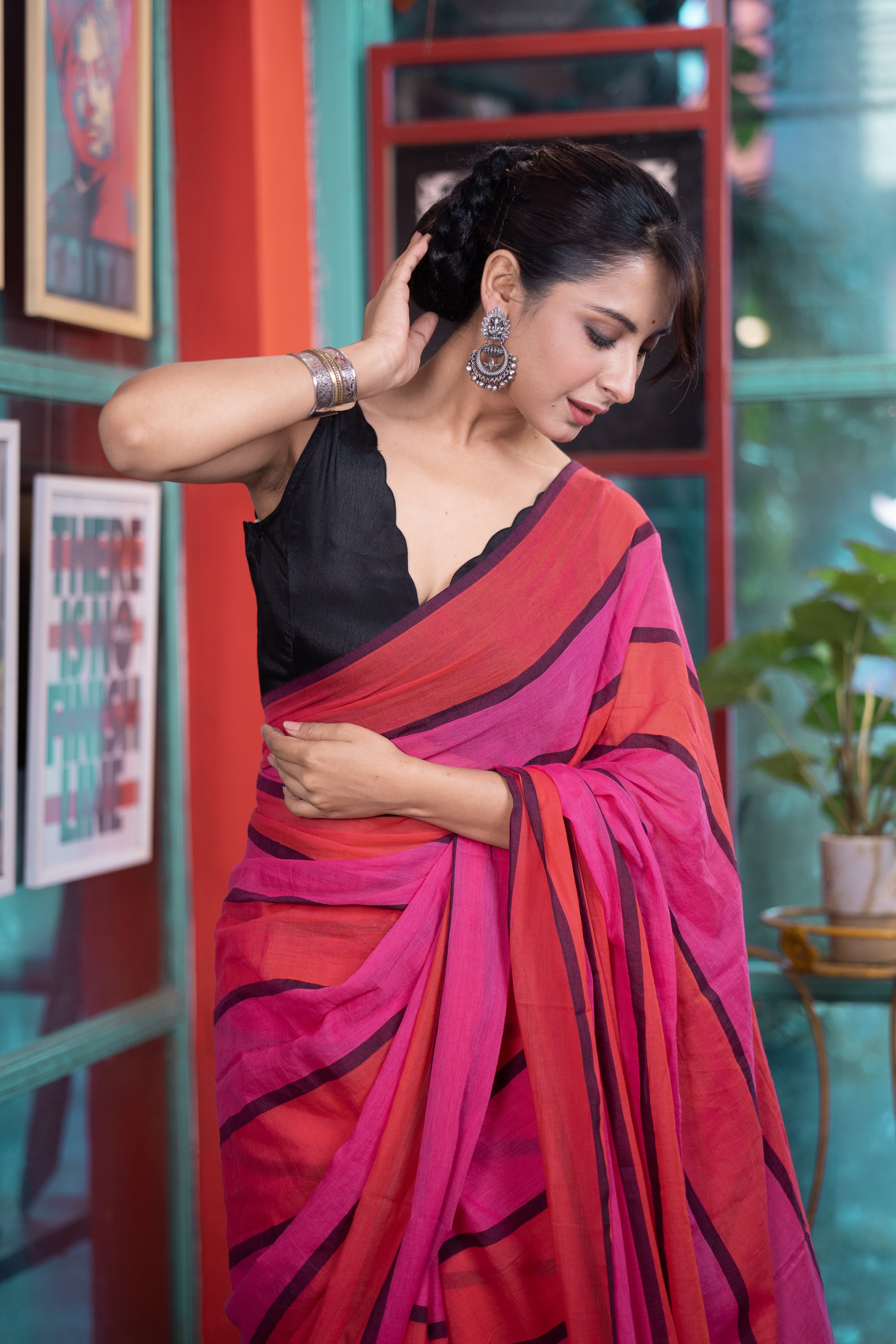Check Mul Mul Cotton Saree - Orange and Rani