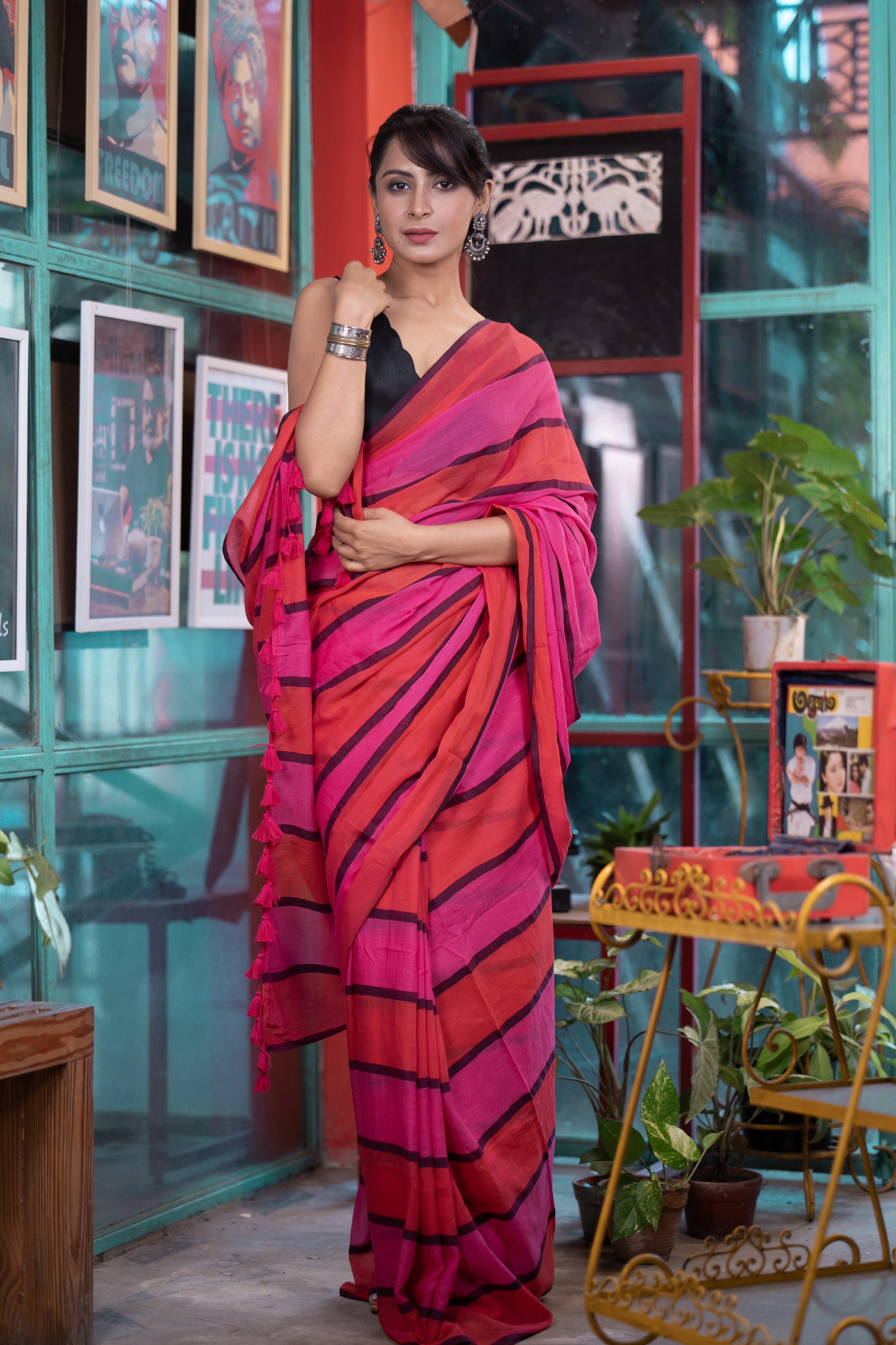 Check Mul Mul Cotton Saree - Orange and Rani