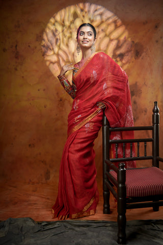 Orange floral Pure tisaue Linen Hand woven Saree with blouse piece