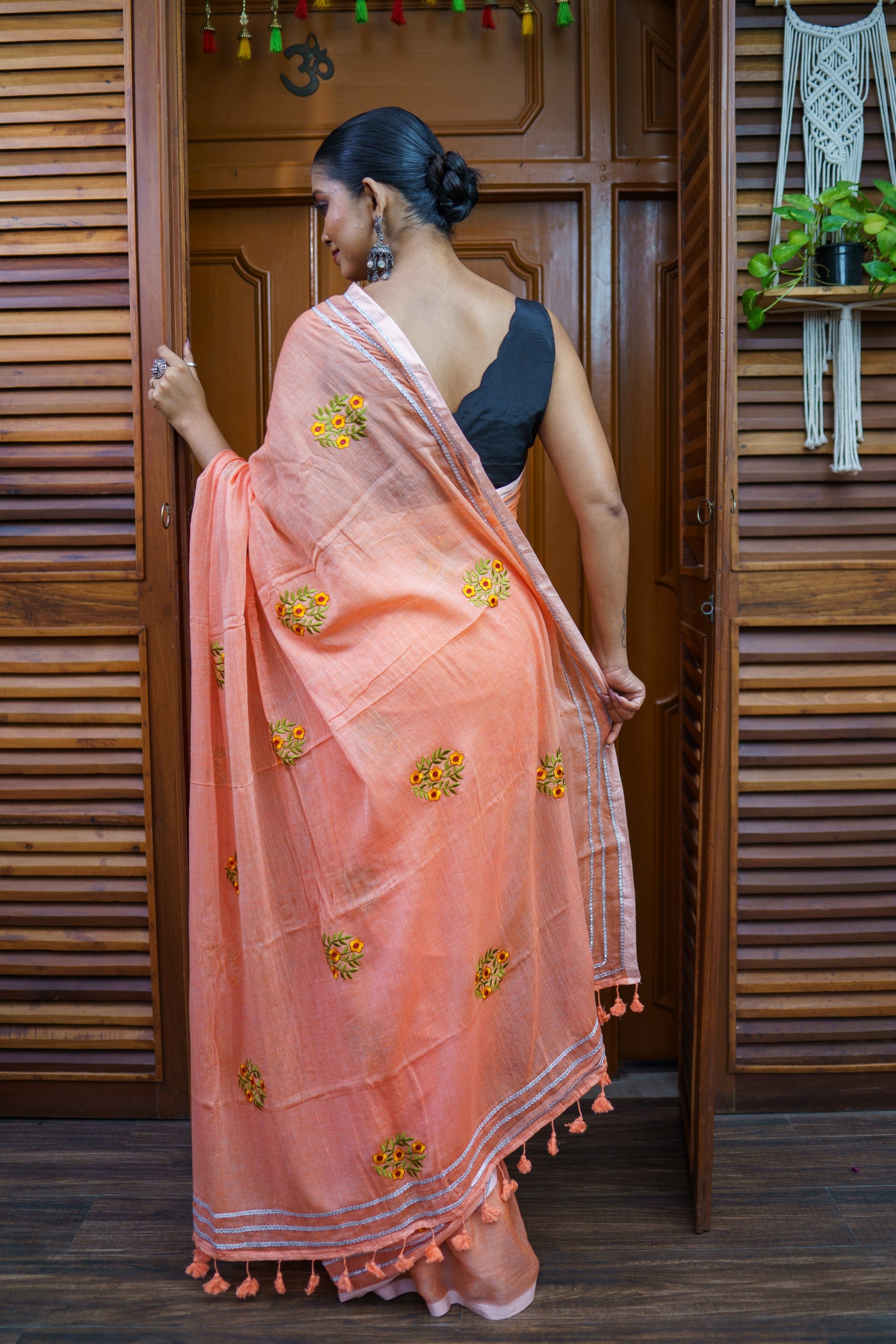 Peach Embroidered Mulmul Cotton Saree