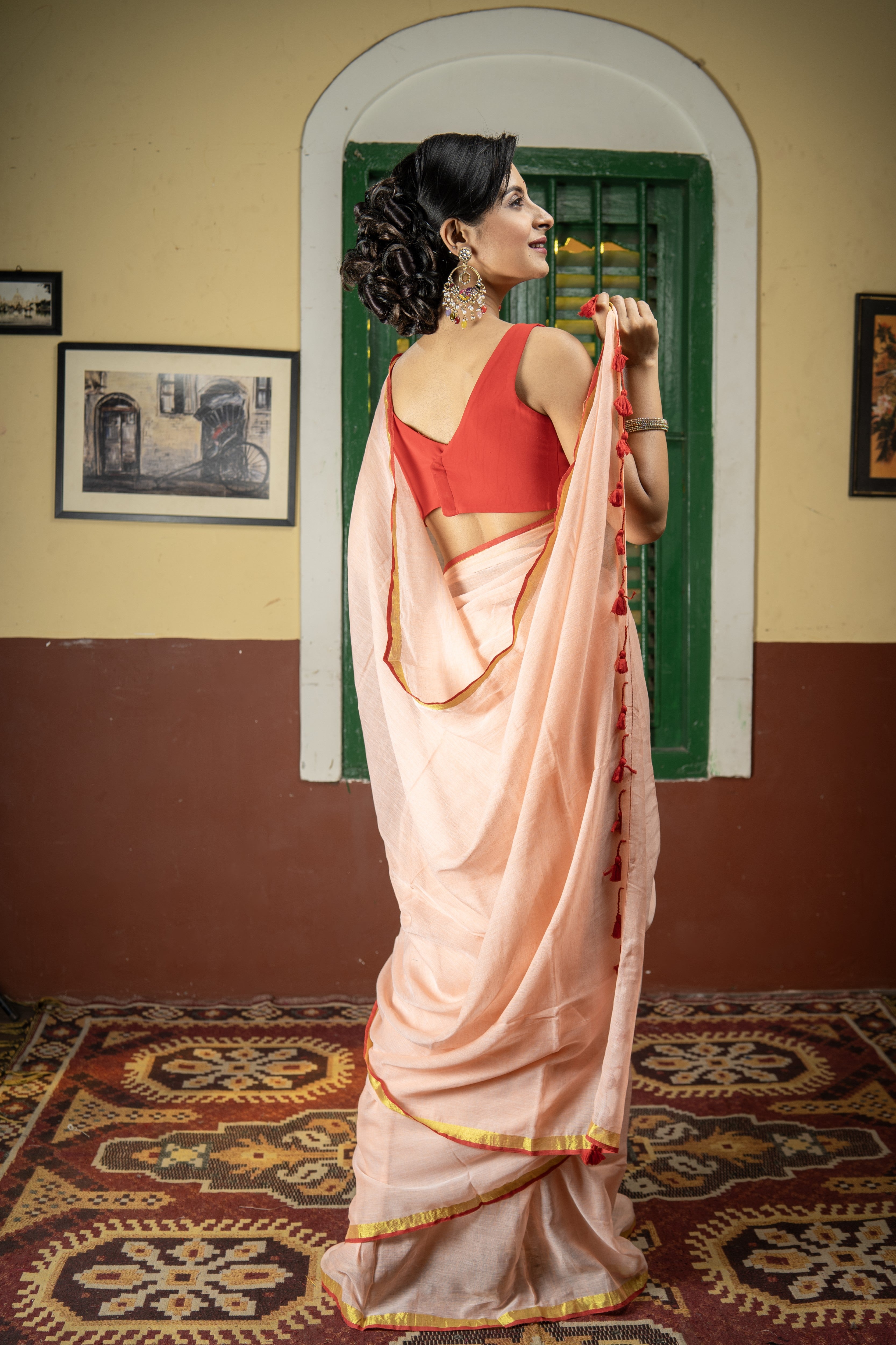 Peach Mul Mul Cotton Saree With Red Golden Border