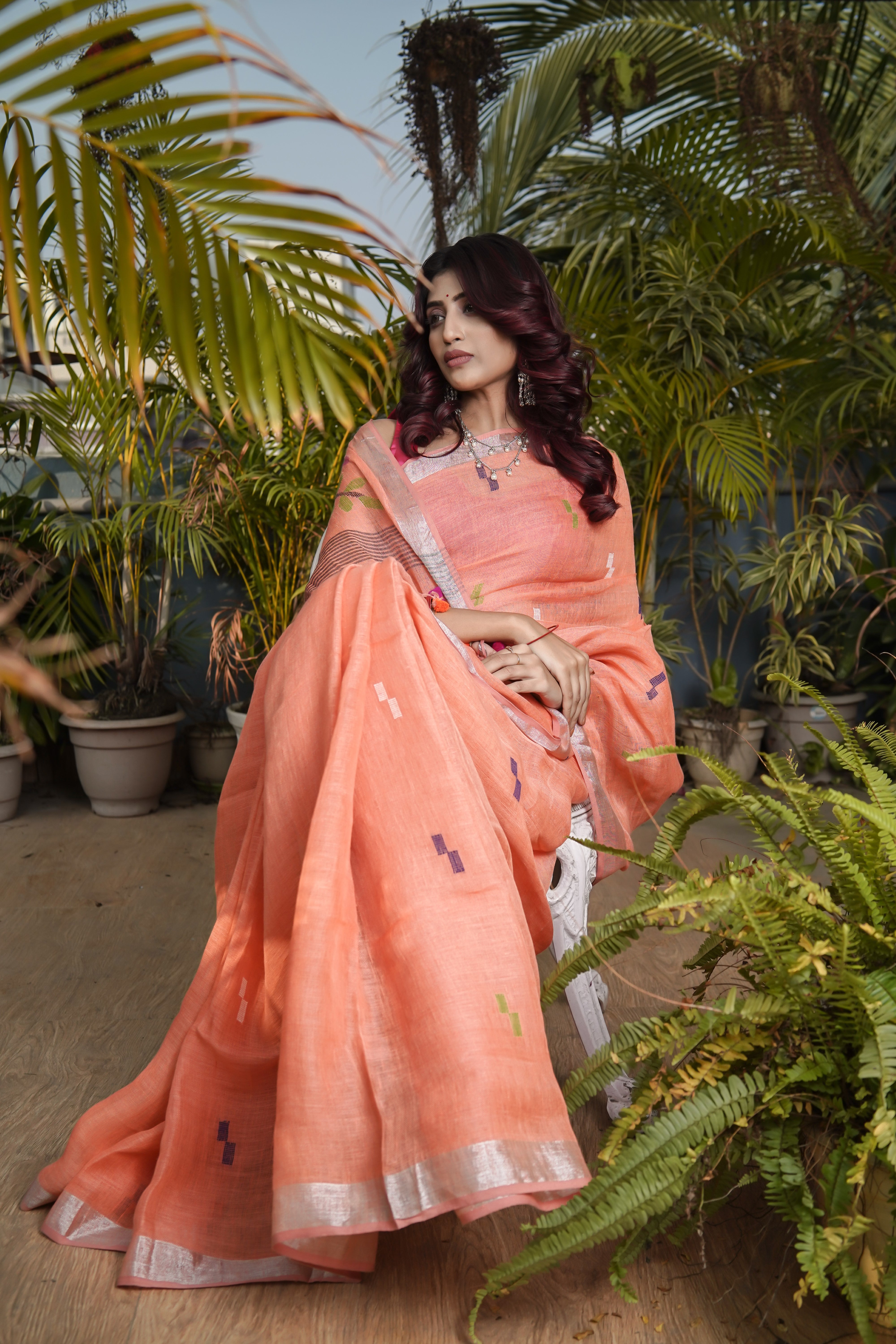 Birds Hand Weaving Linen Jamdani Saree-Peach