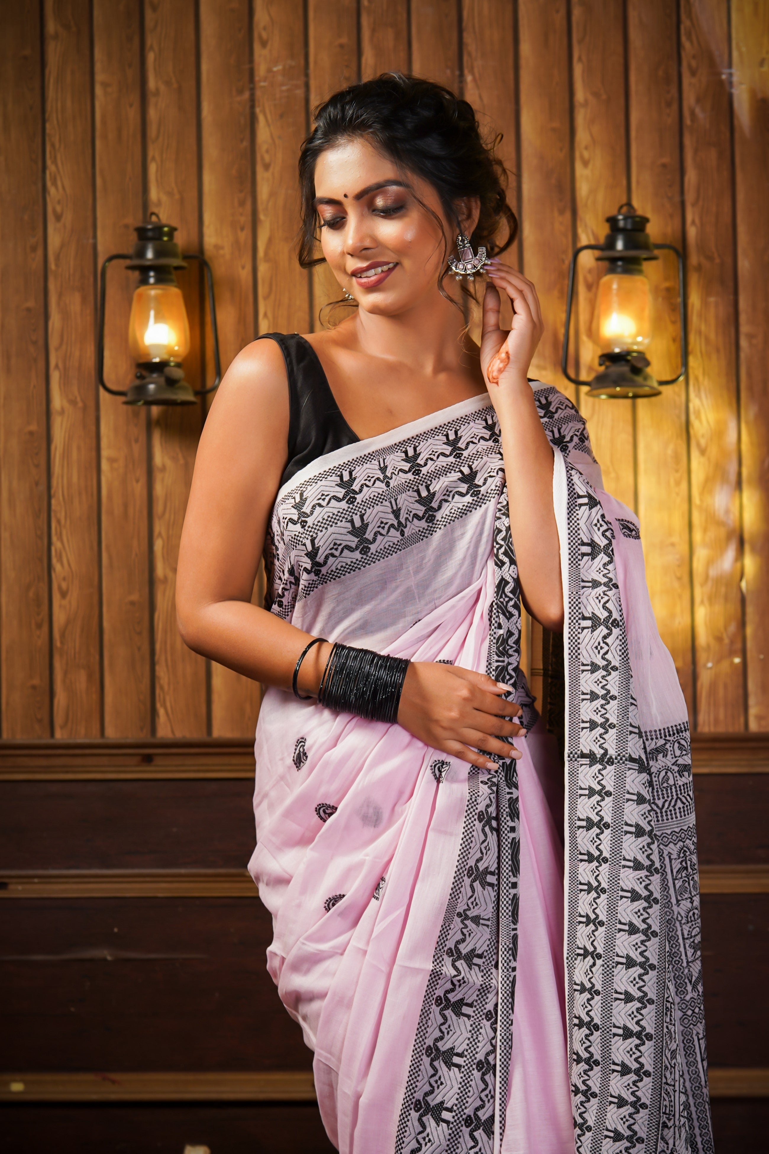 Pink & Black Pure Mashrise Cotton Hand Weaving Saree