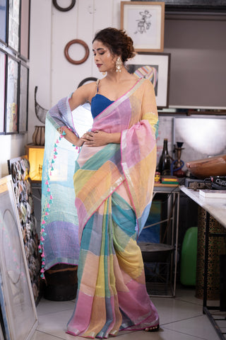 Pink and Yellow Multicolor Zari Check Linen Saree with blouse piece