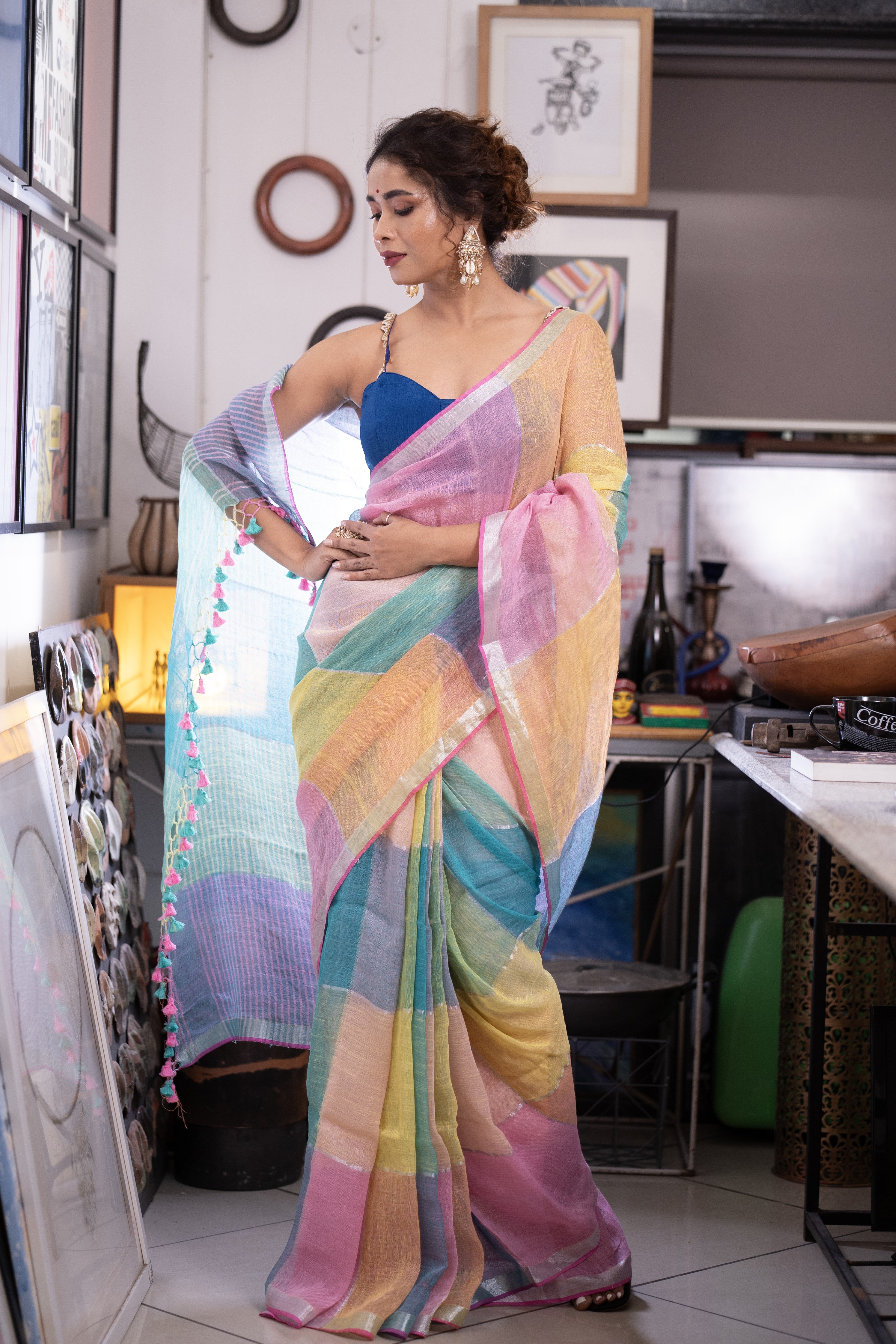 Pink and Yellow Multicolor Zari Check Linen Saree