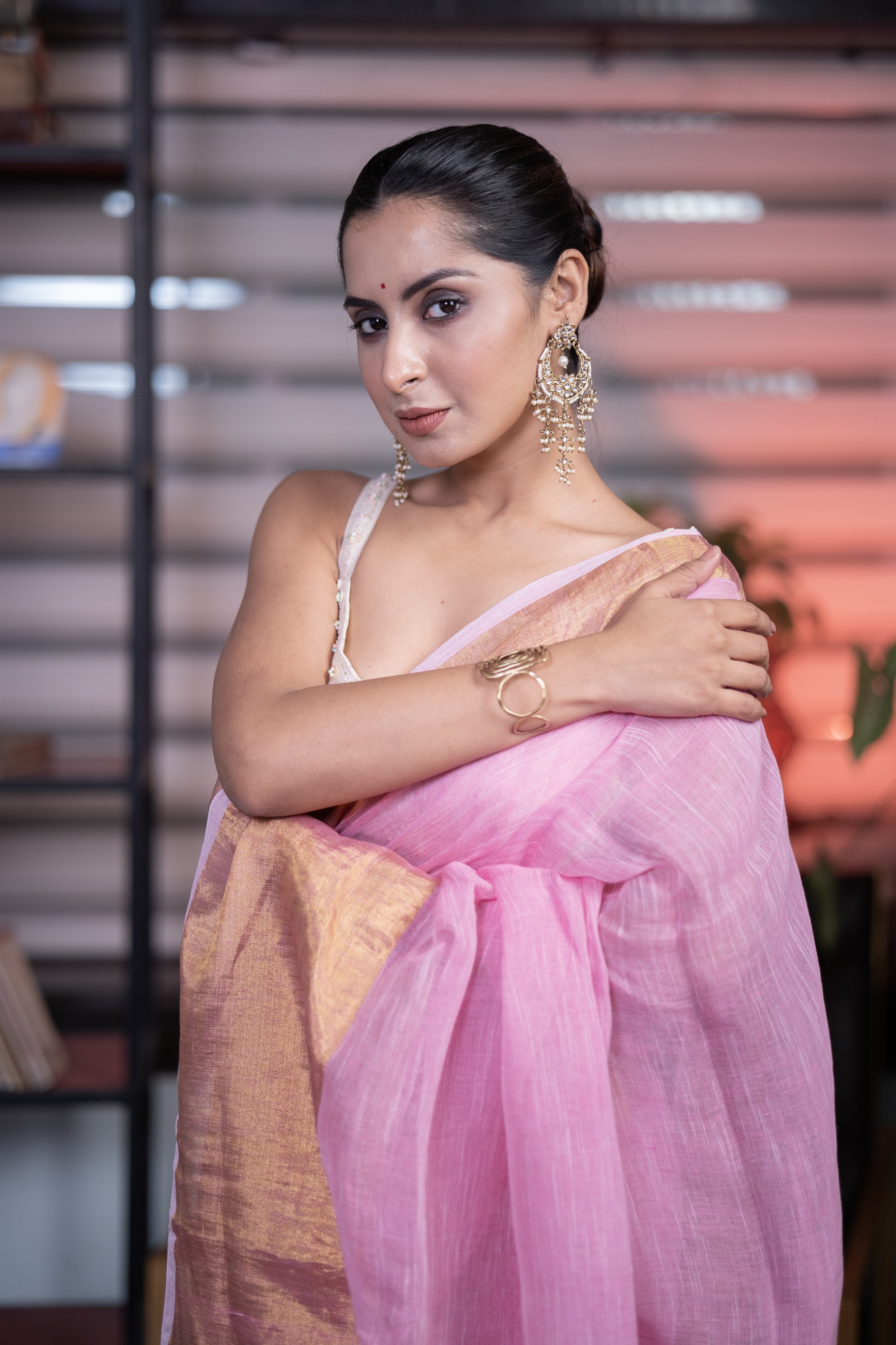 Pink mahapar Linen Saree with blouse piece