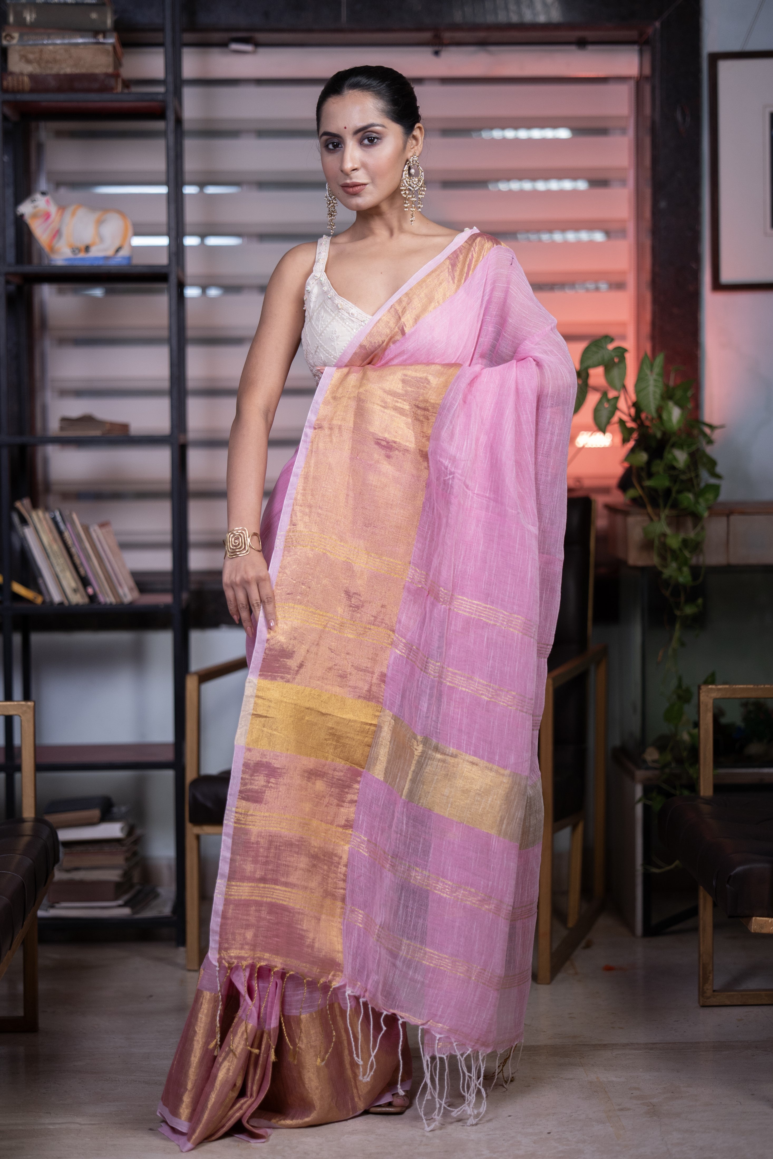 Pink mahapar Linen Saree