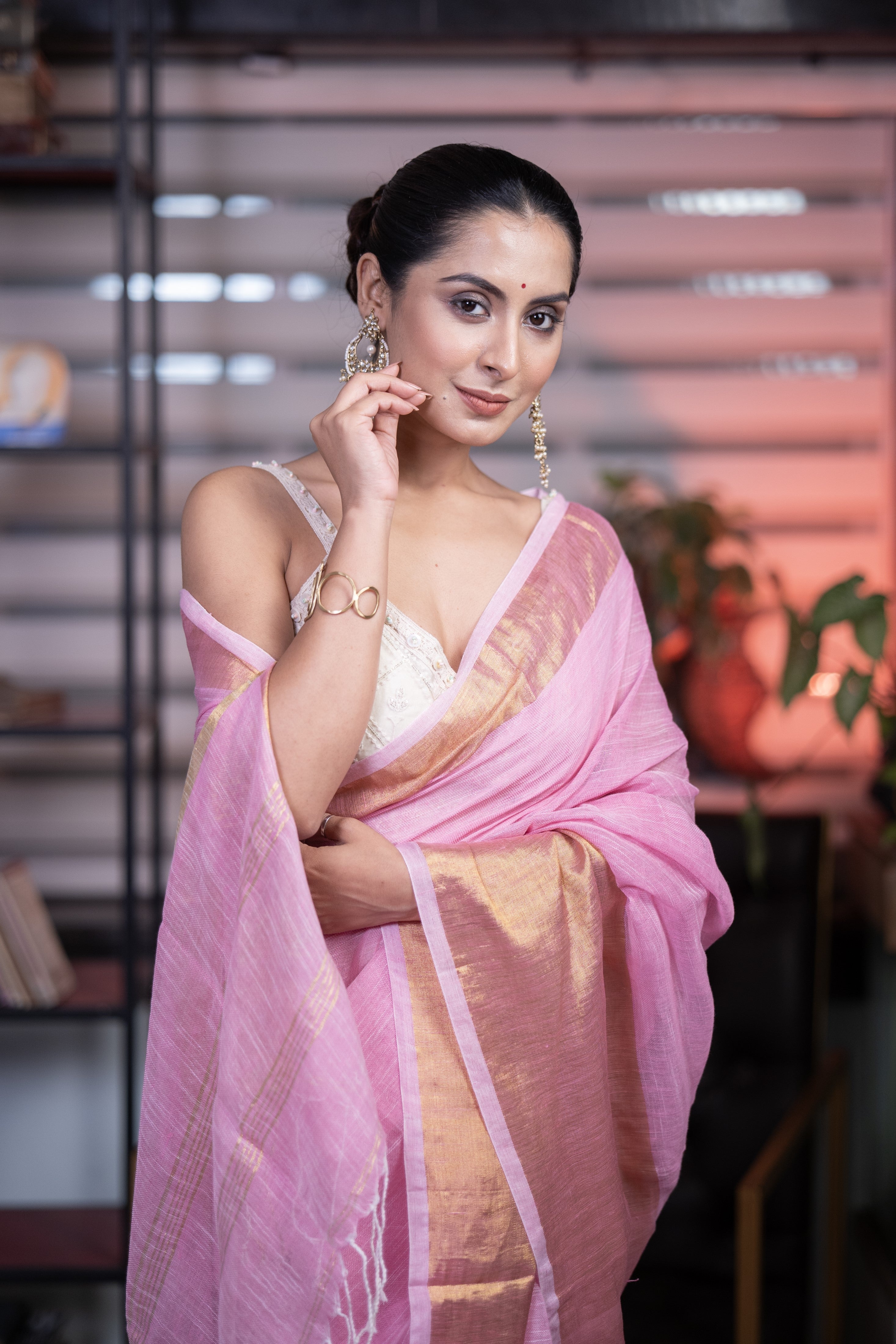 Pink mahapar Linen Saree with blouse piece