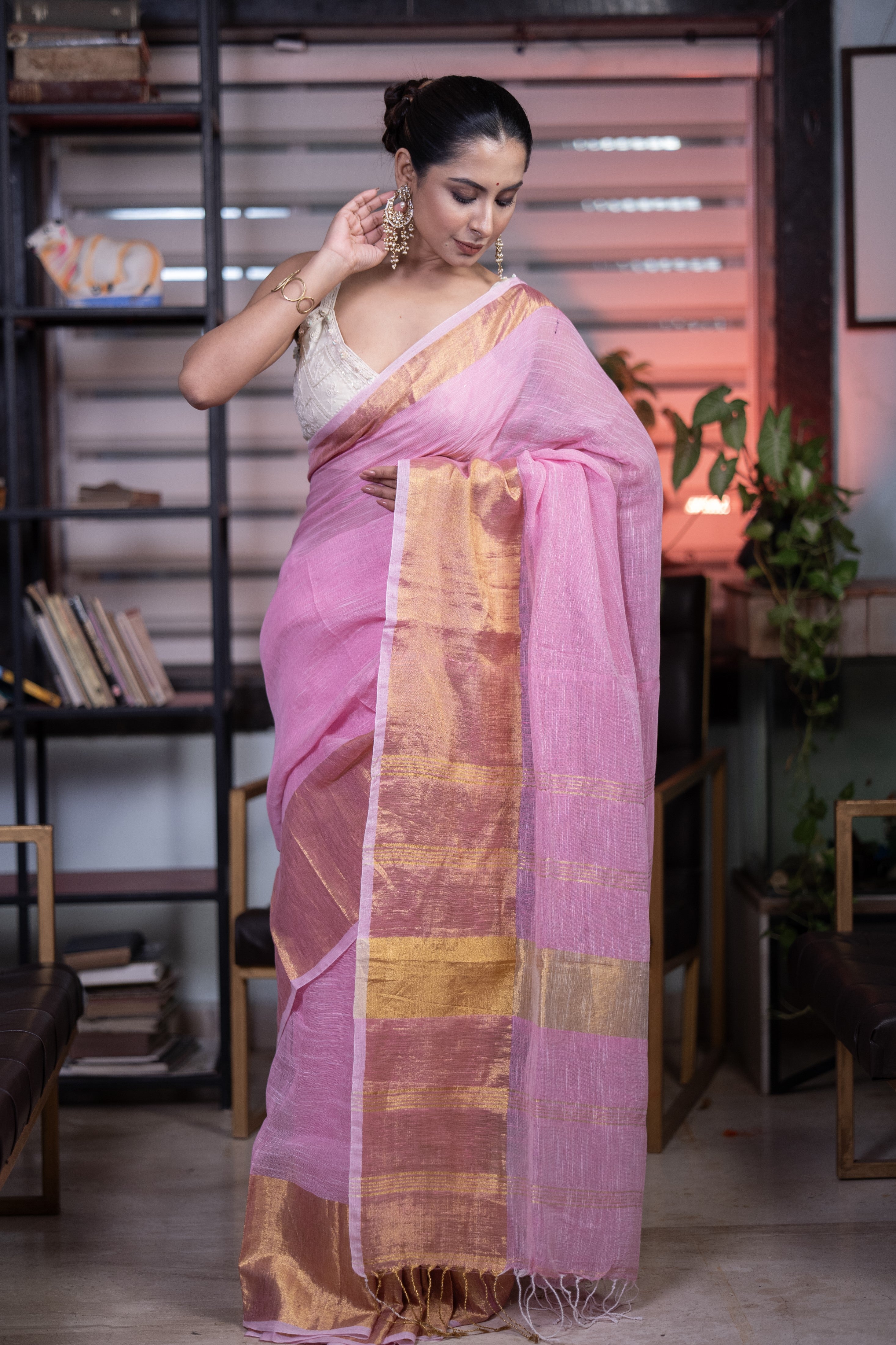 Pink mahapar Linen Saree with blouse piece