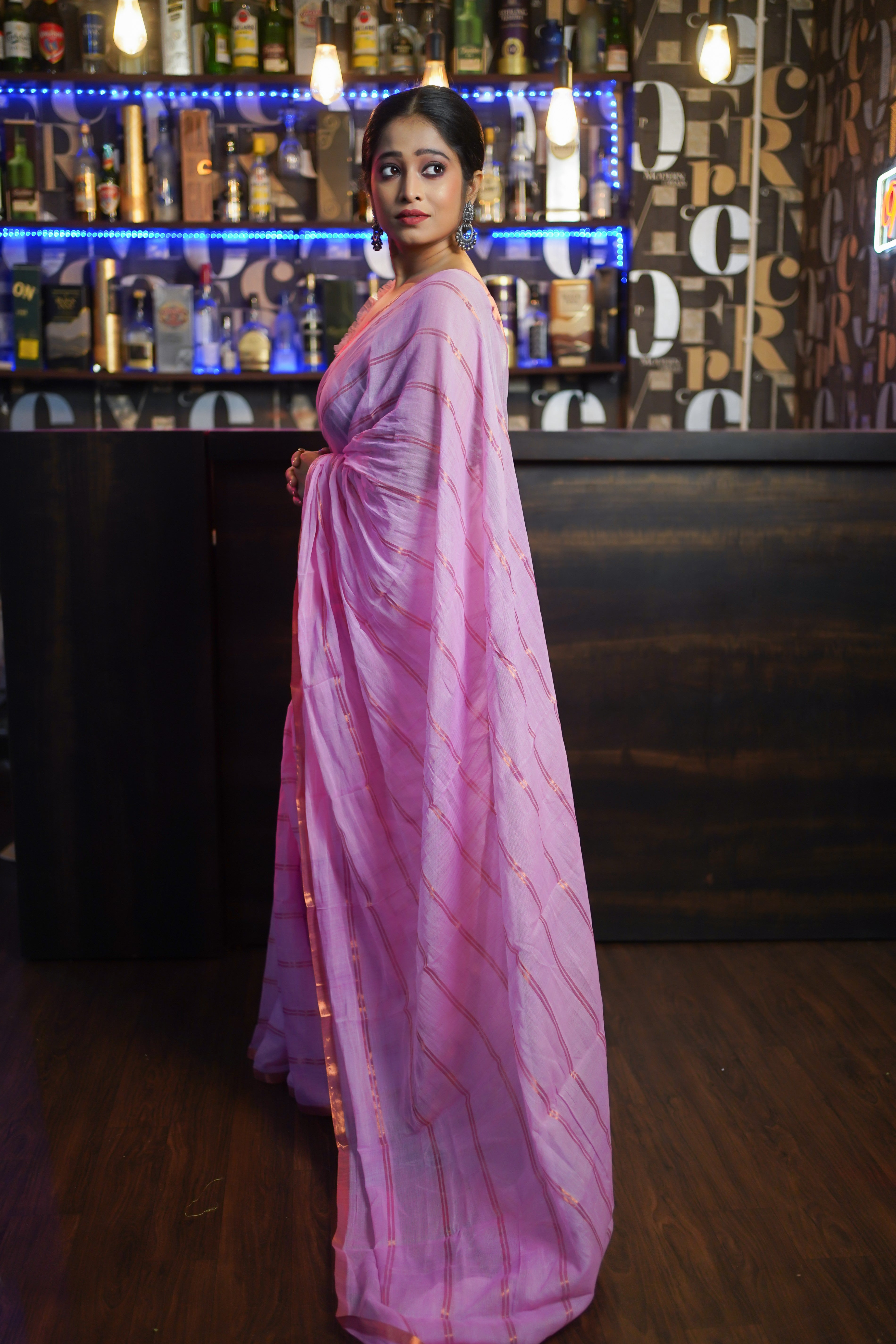 Pink Striped Mul Mul Cotton Saree