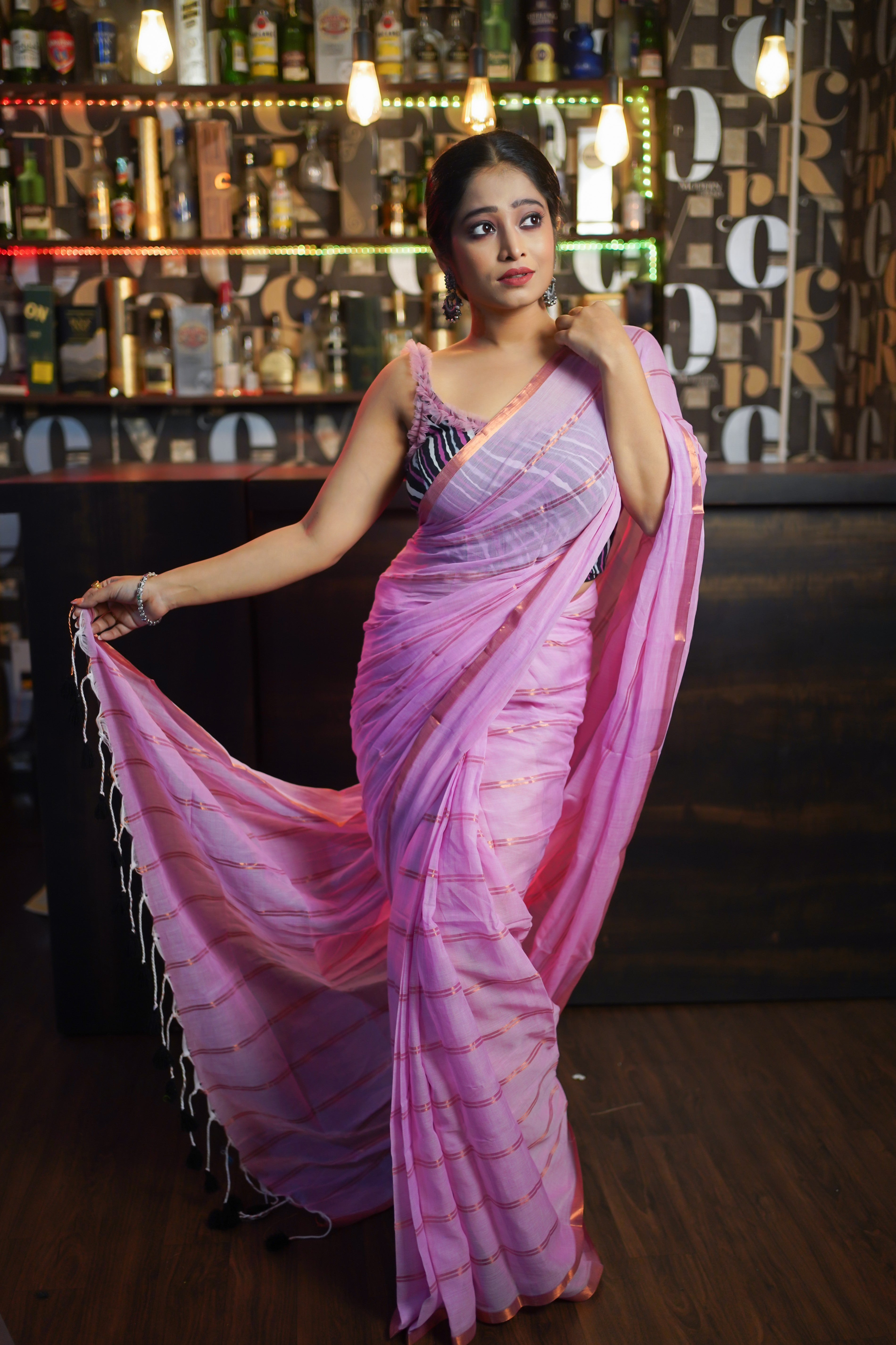 Pink Striped Mul Mul Cotton Saree