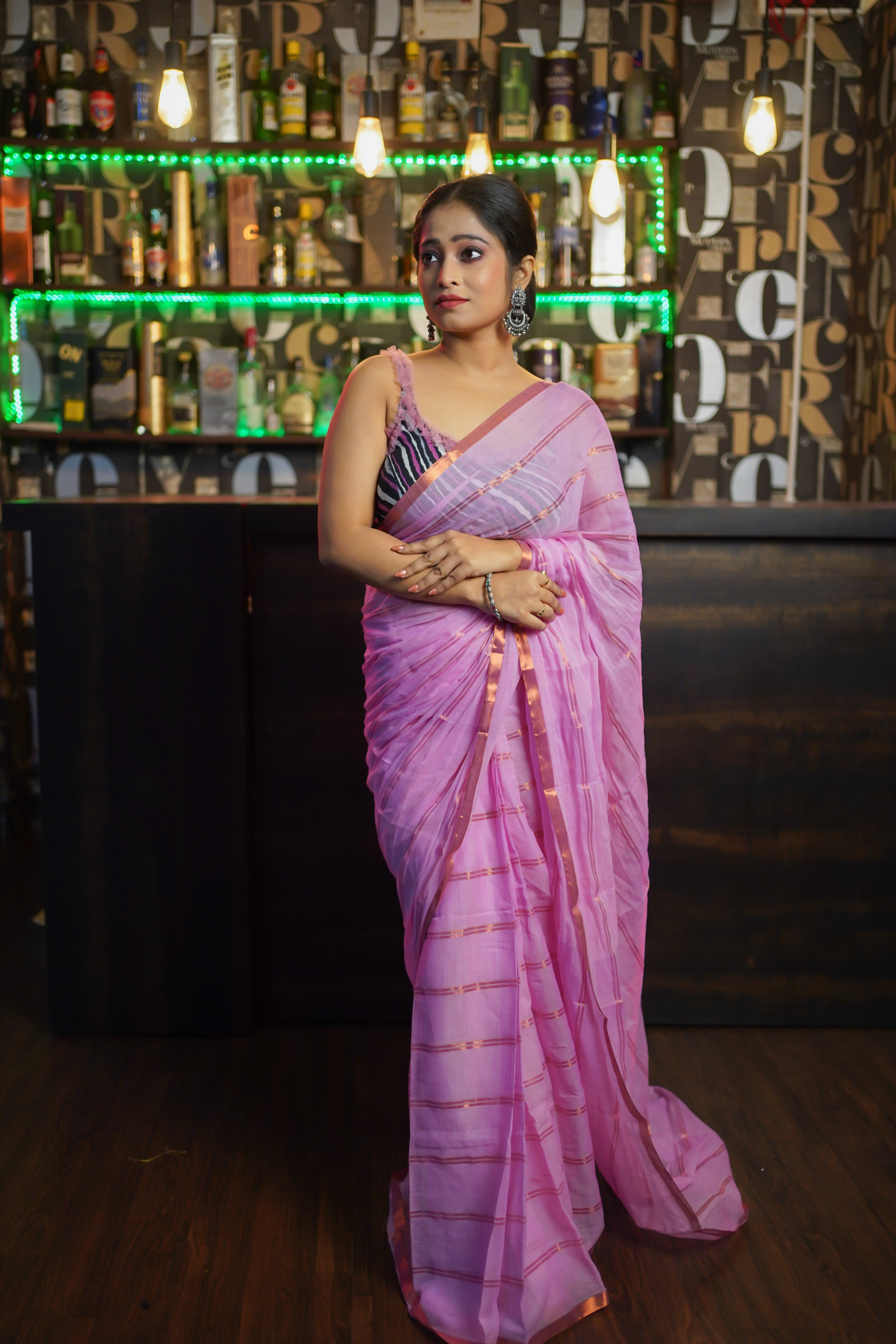 Pink Striped Mul Mul Cotton Saree