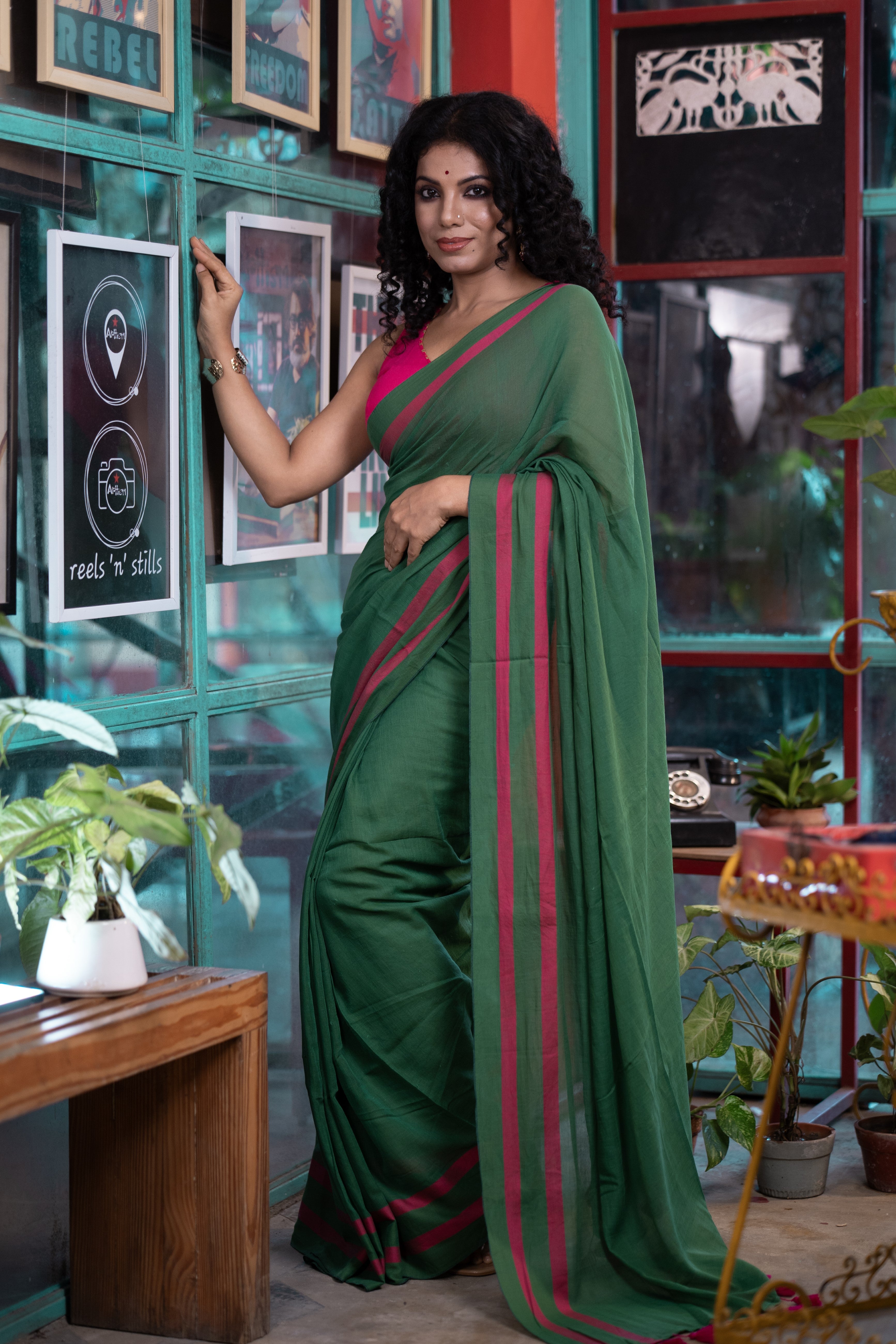 Green and Rani Pure Mulmul Cotton Saree