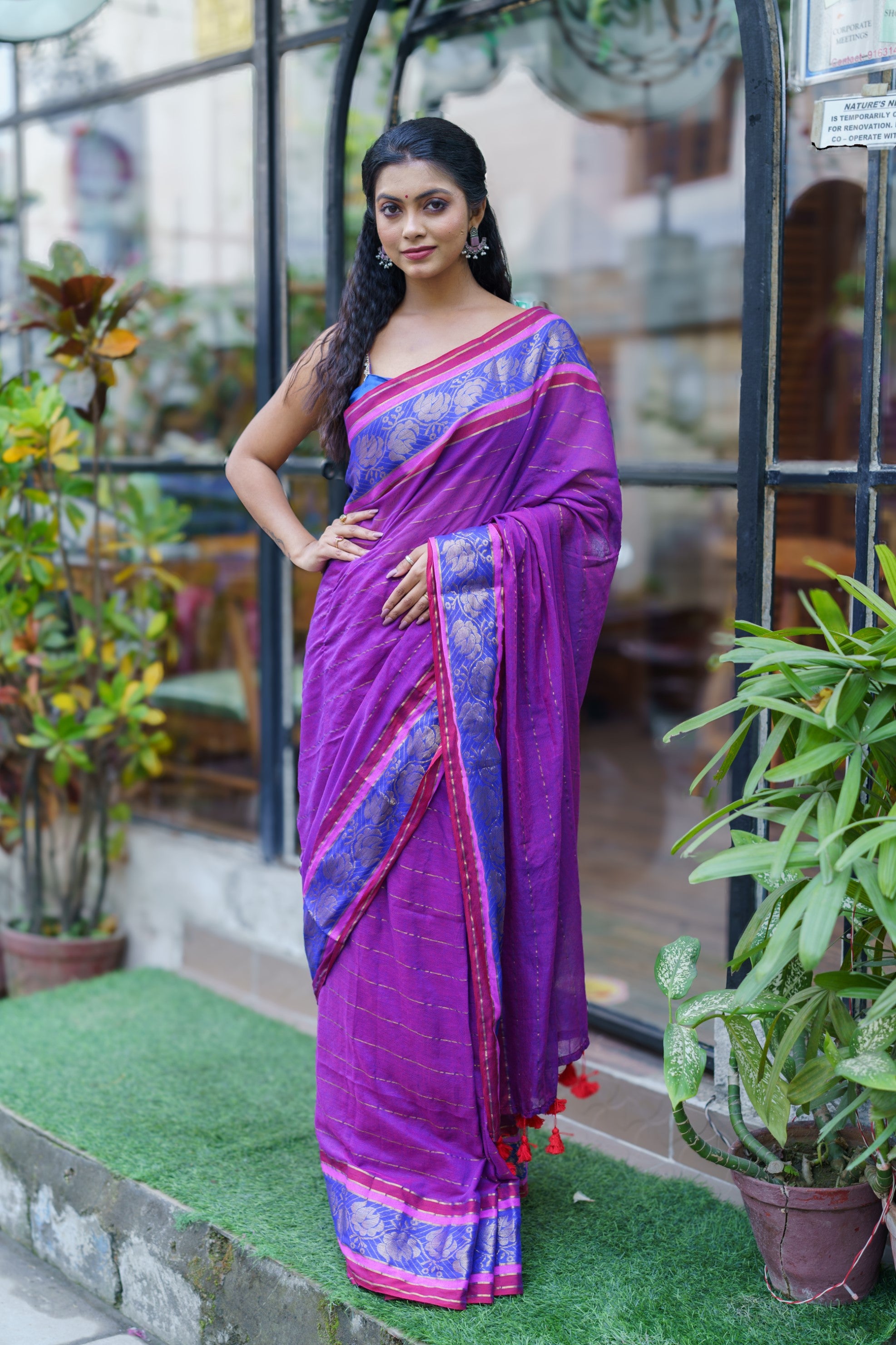 Purple Mulmul Cotton Saree with Golden Zari Stripes With Blouse Piece