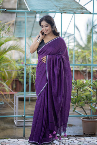 Purple polka dot  hand printed Cotton Sarees