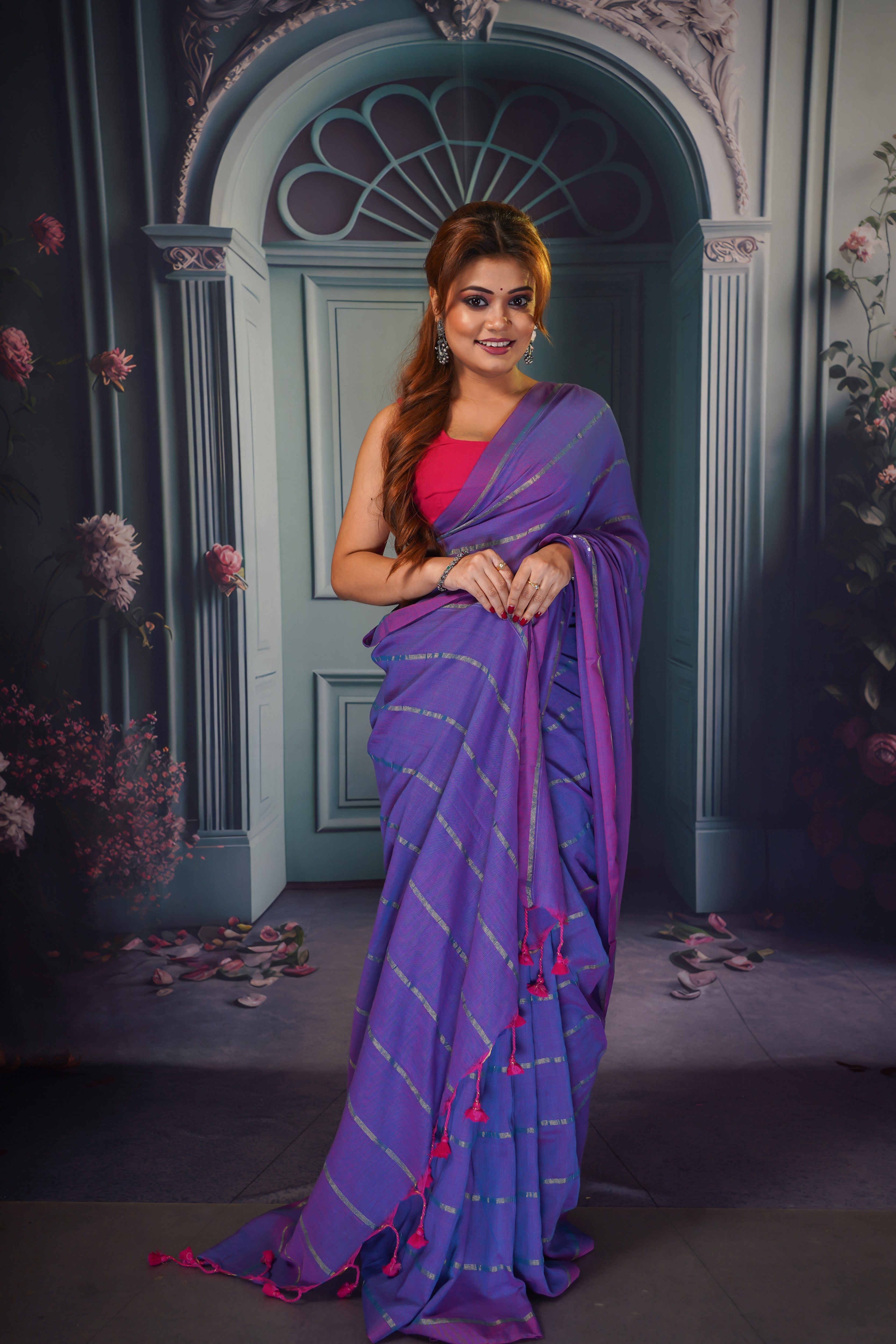 Khadi Cotton Stripes Saree- Purple