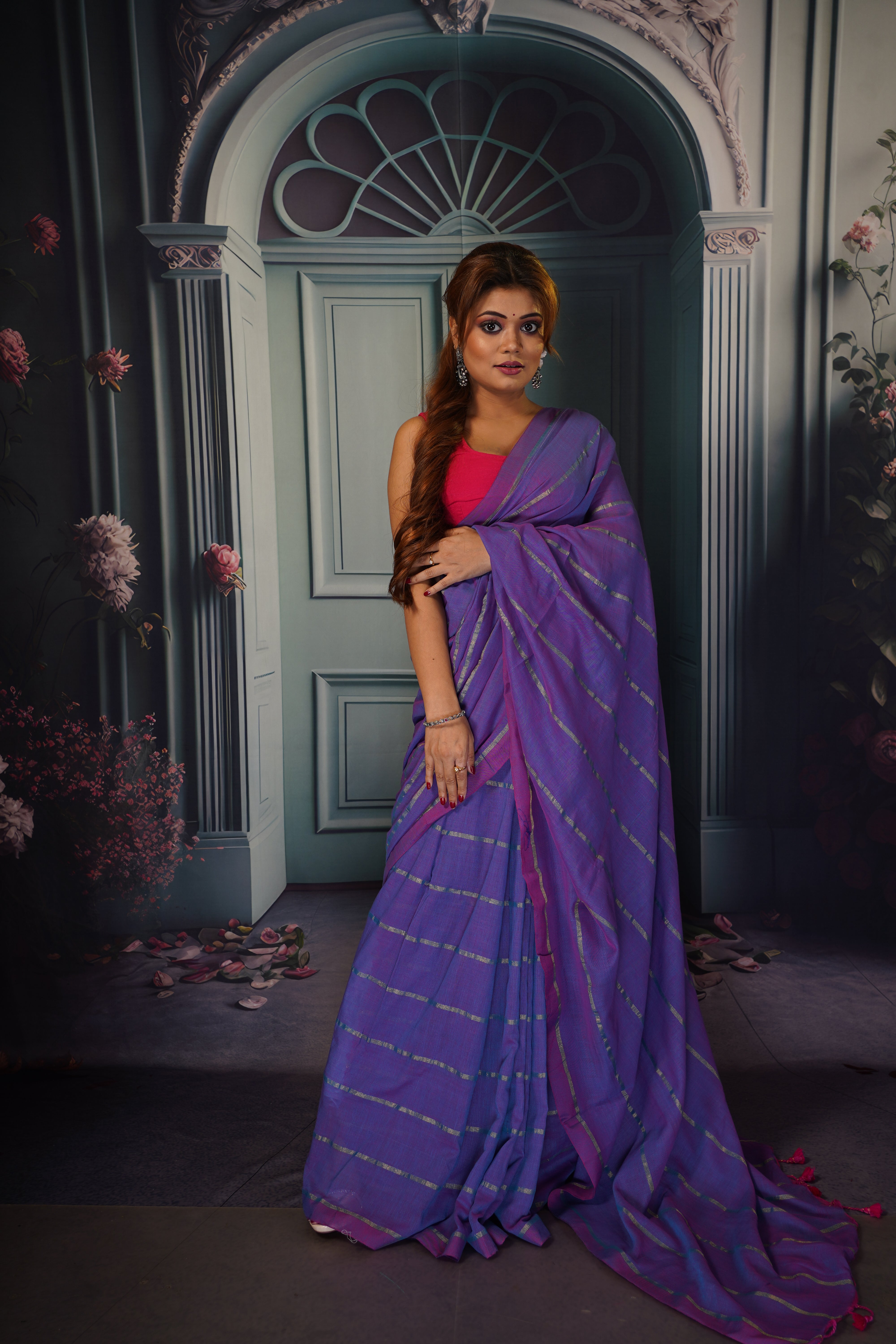 Khadi Cotton Stripes Saree- Purple