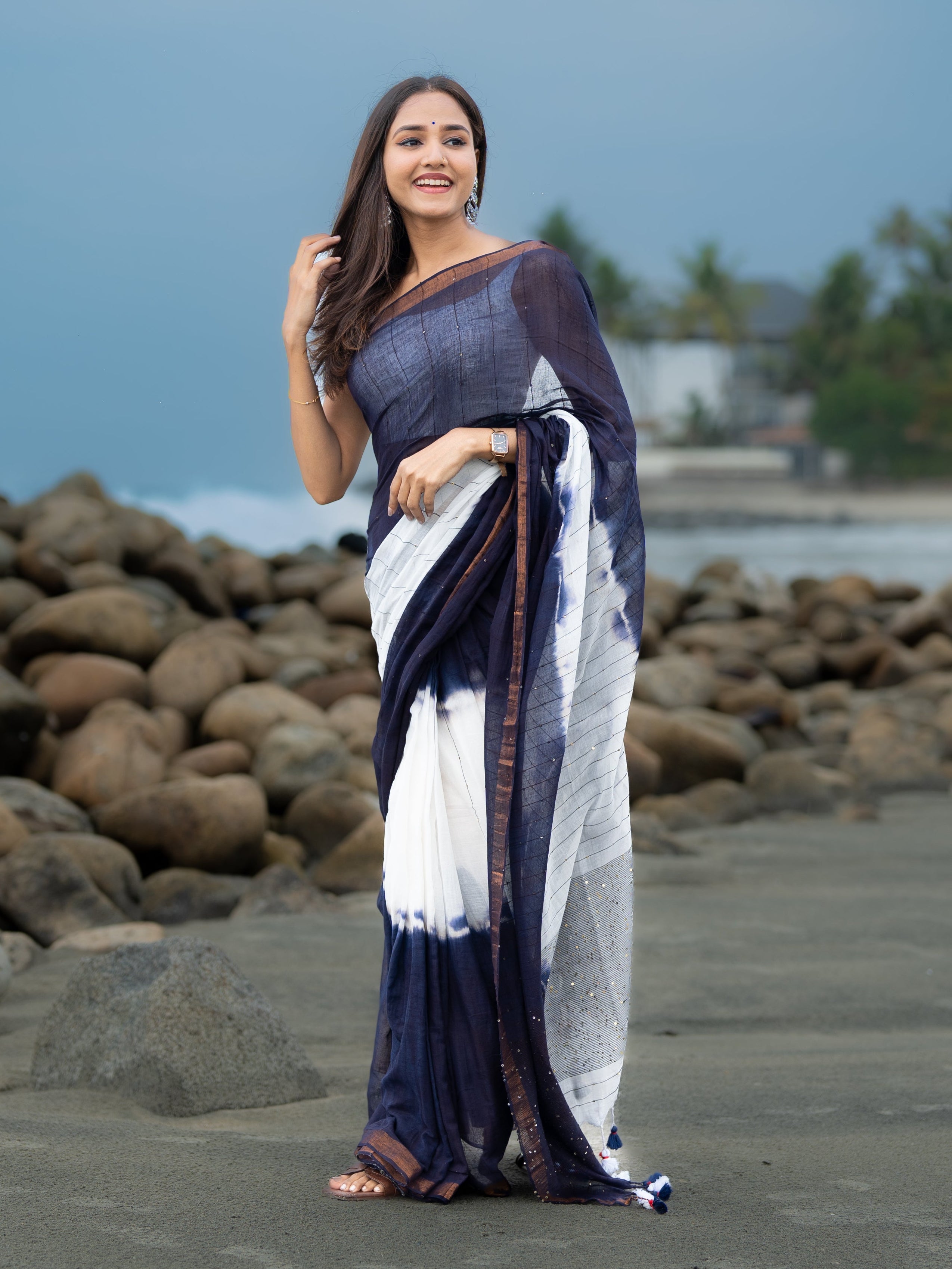 Blue & White Rang Bahari Sequence Work Pure Mul Cotton Saree