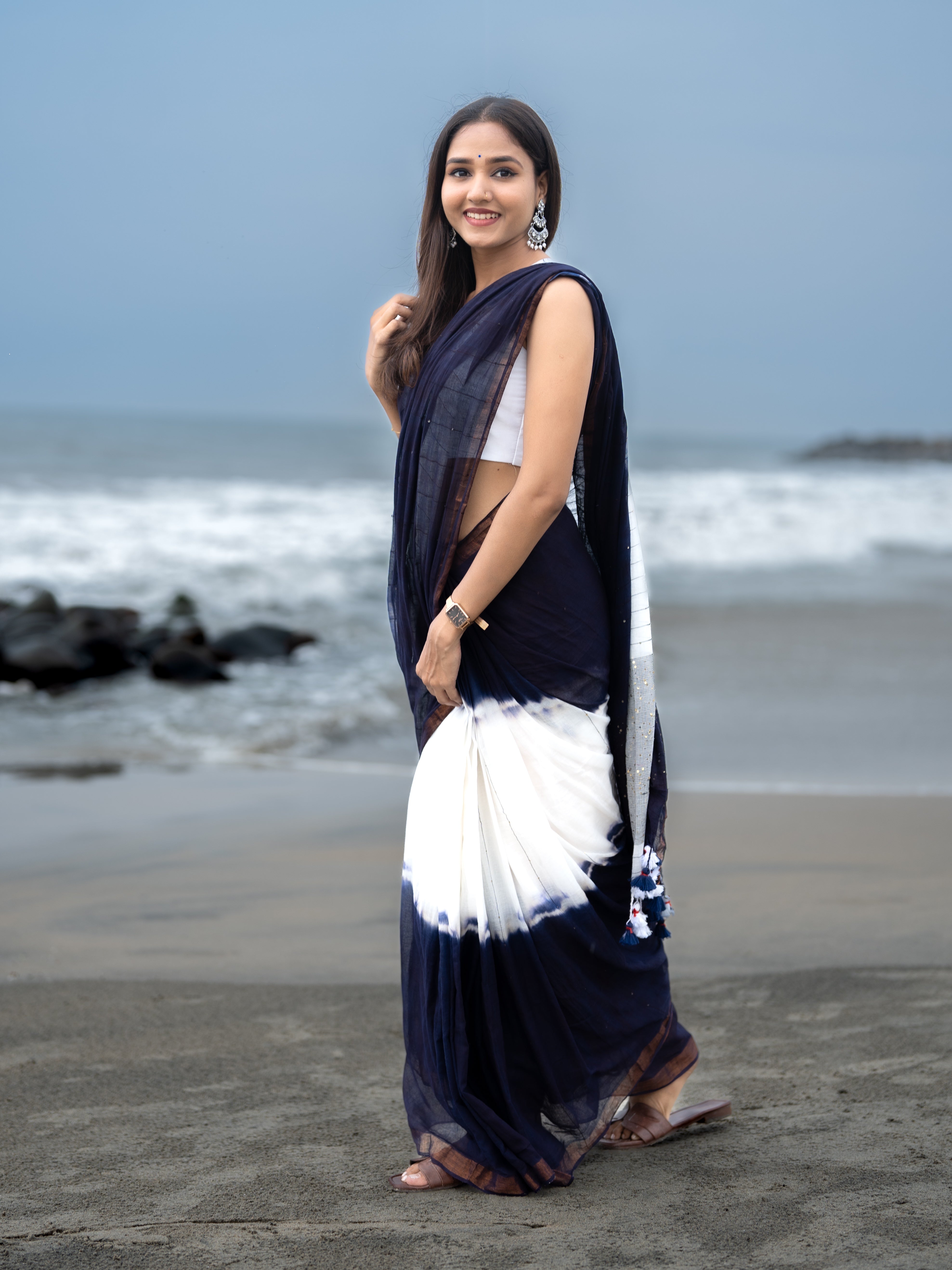 Blue & White Rang Bahari Sequence Work Pure Mul Cotton Saree