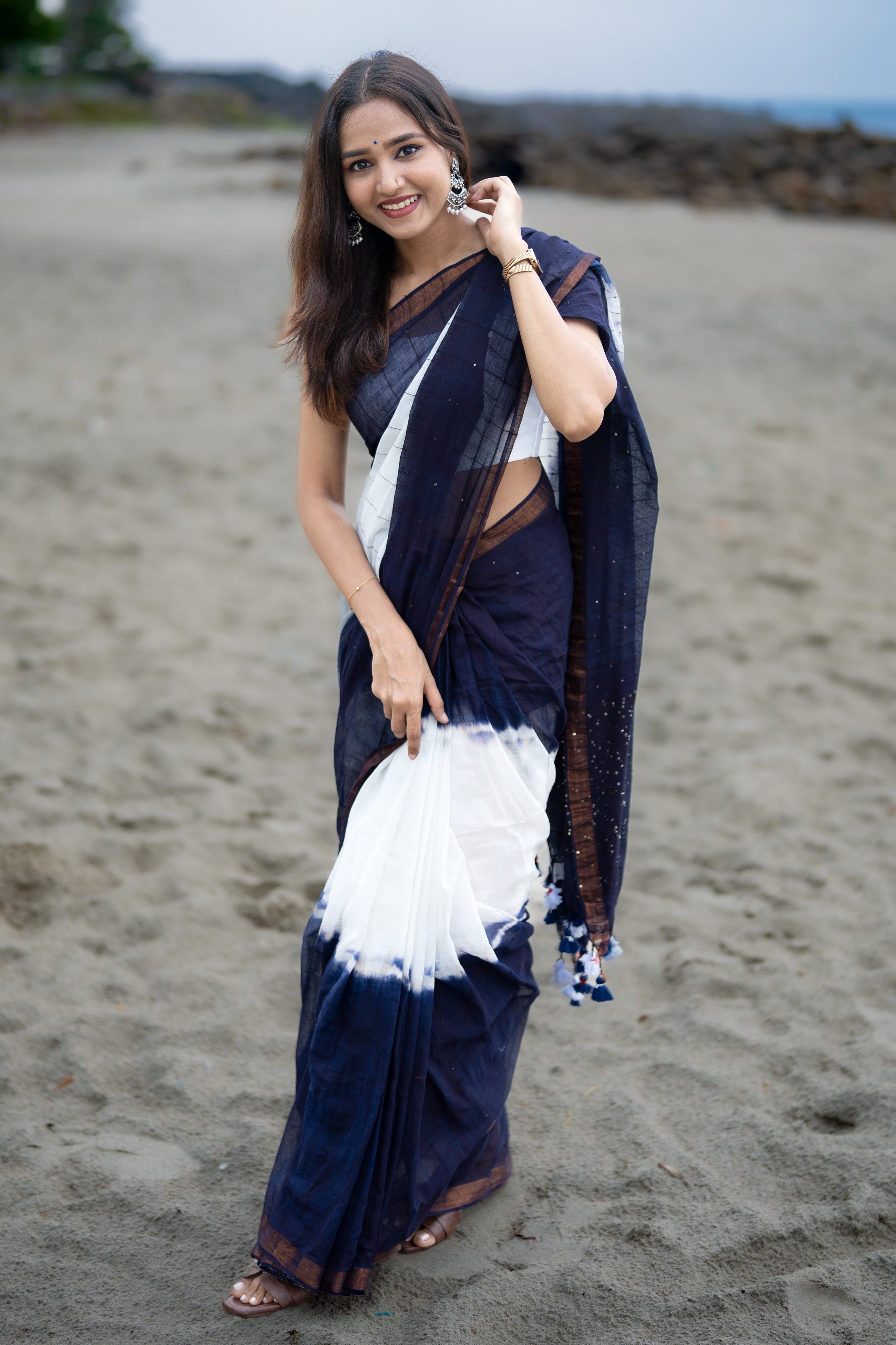 Blue & White Rang Bahari Sequence Work Pure Mul Cotton Saree