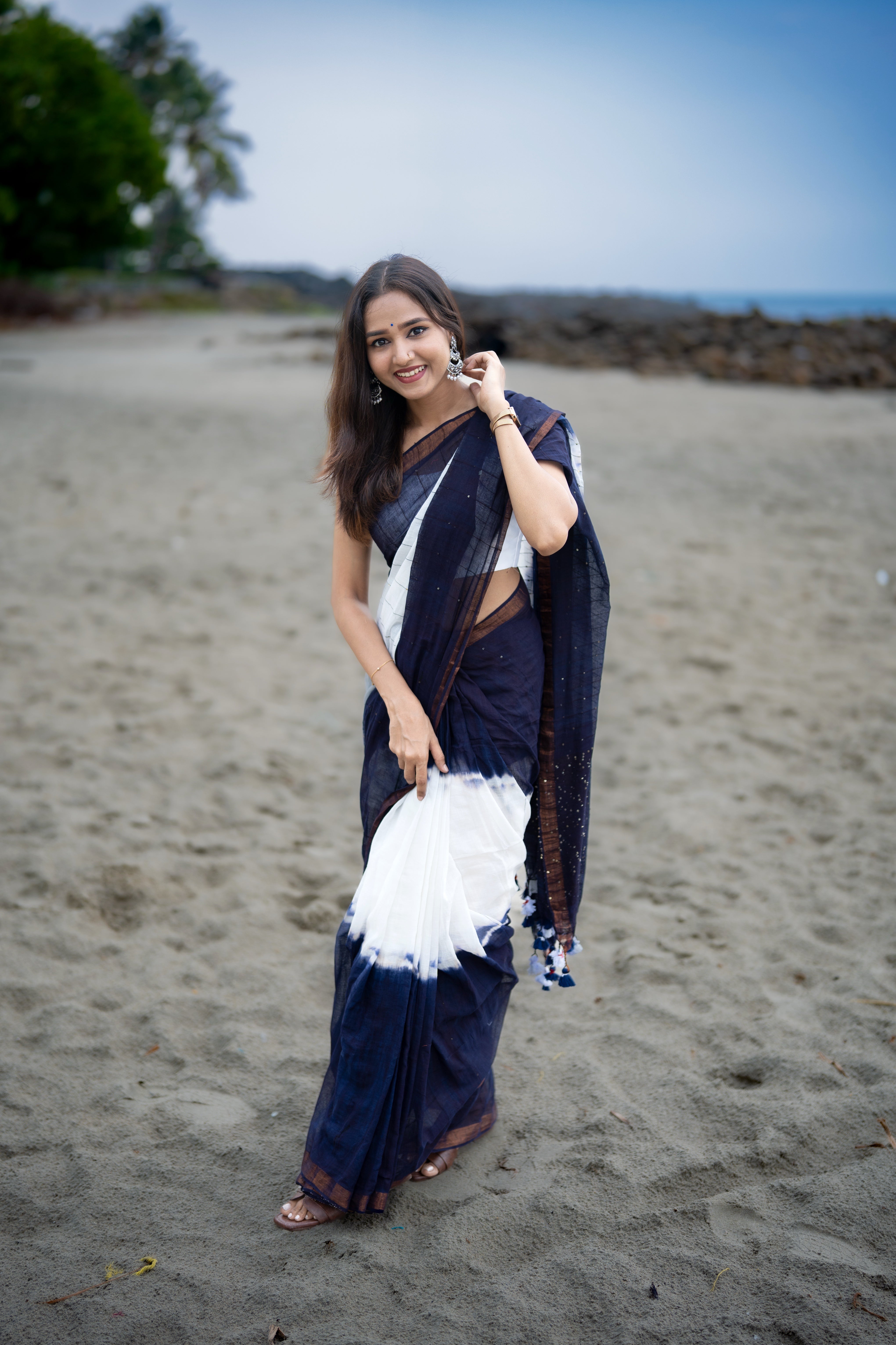 Blue & White Rang Bahari Sequence Work Pure Mul Cotton Saree