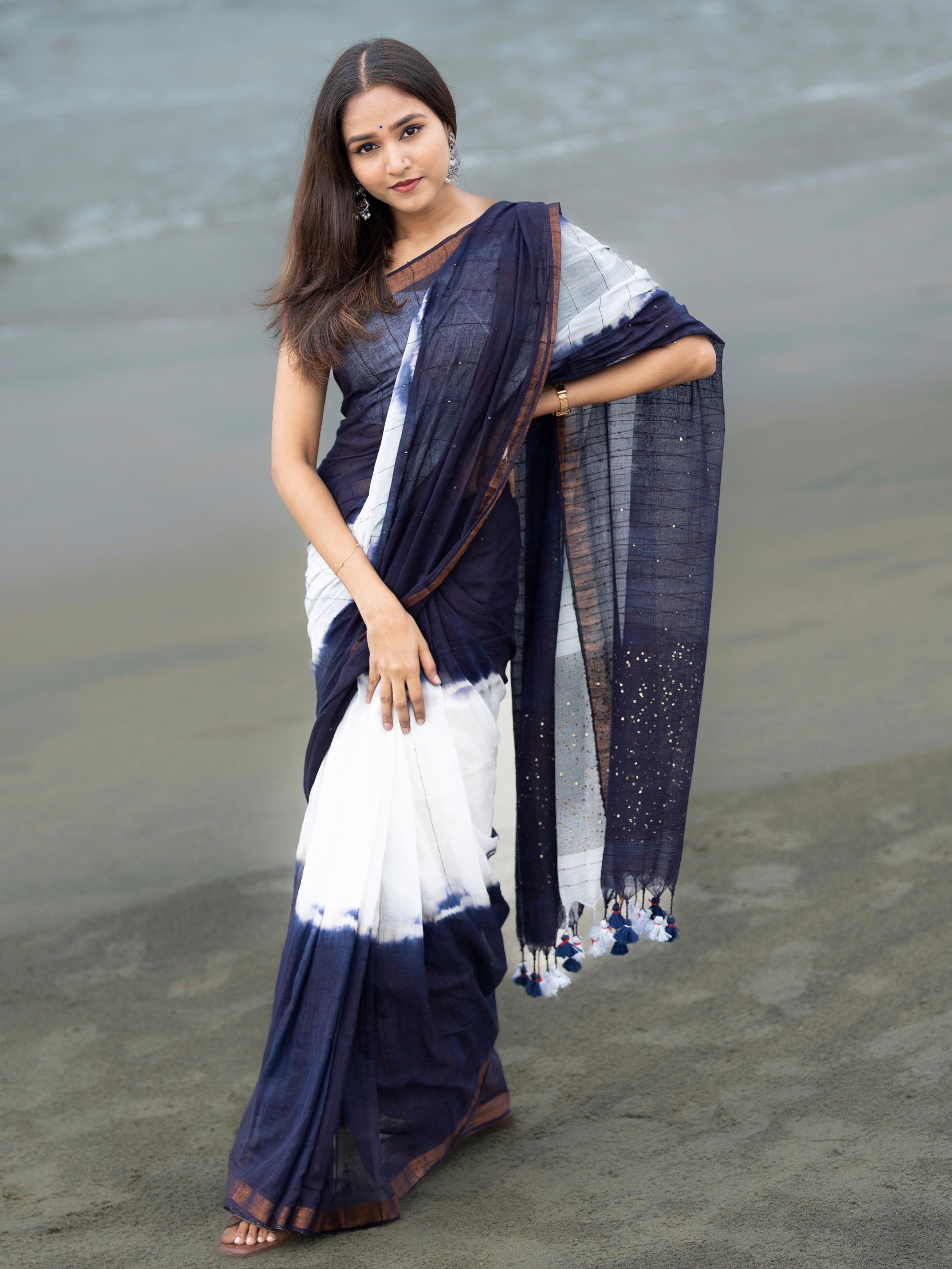 Blue & White Rang Bahari Sequence Work Pure Mul Cotton Saree