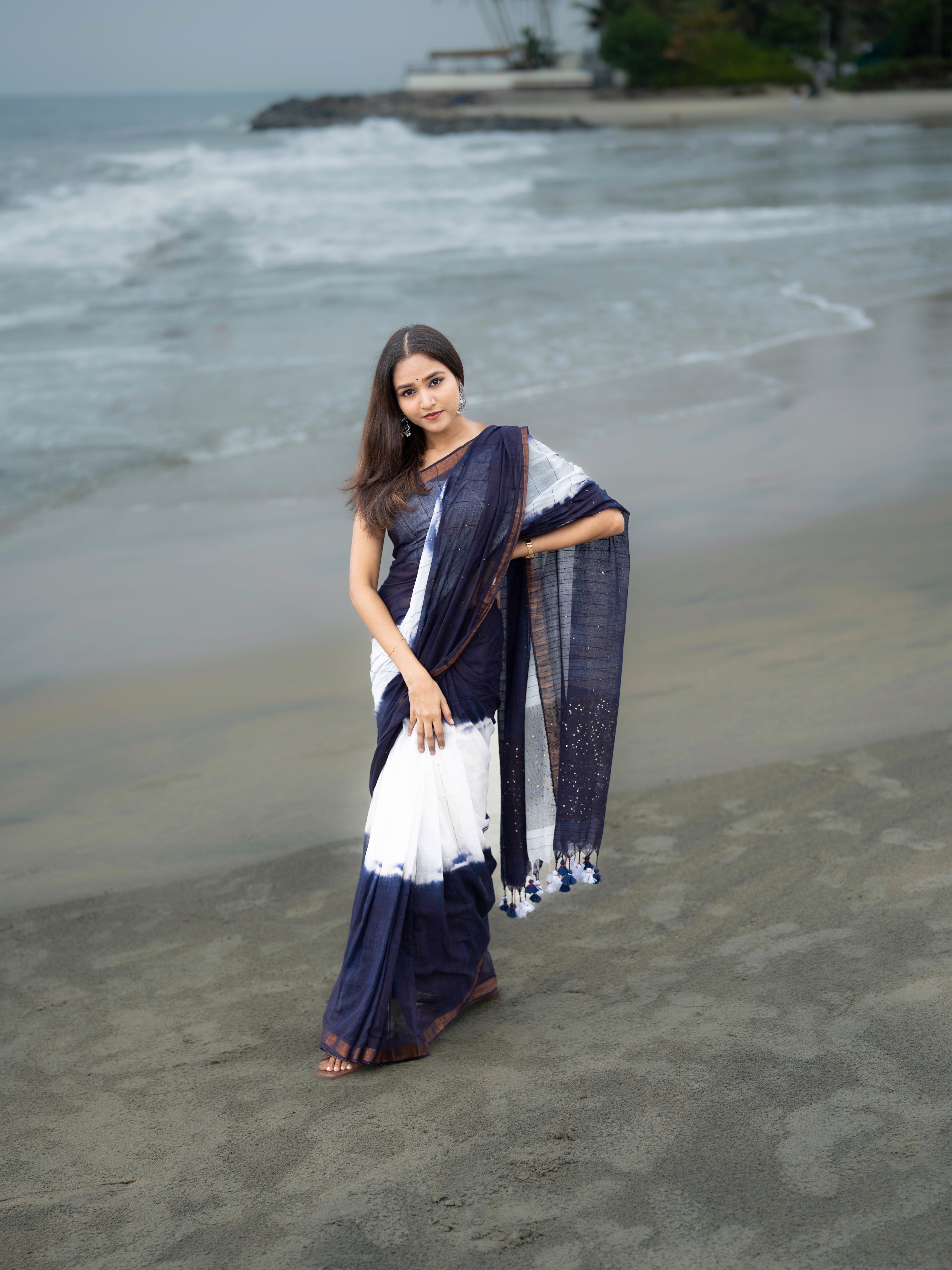 Blue & White Rang Bahari Sequence Work Pure Mul Cotton Saree